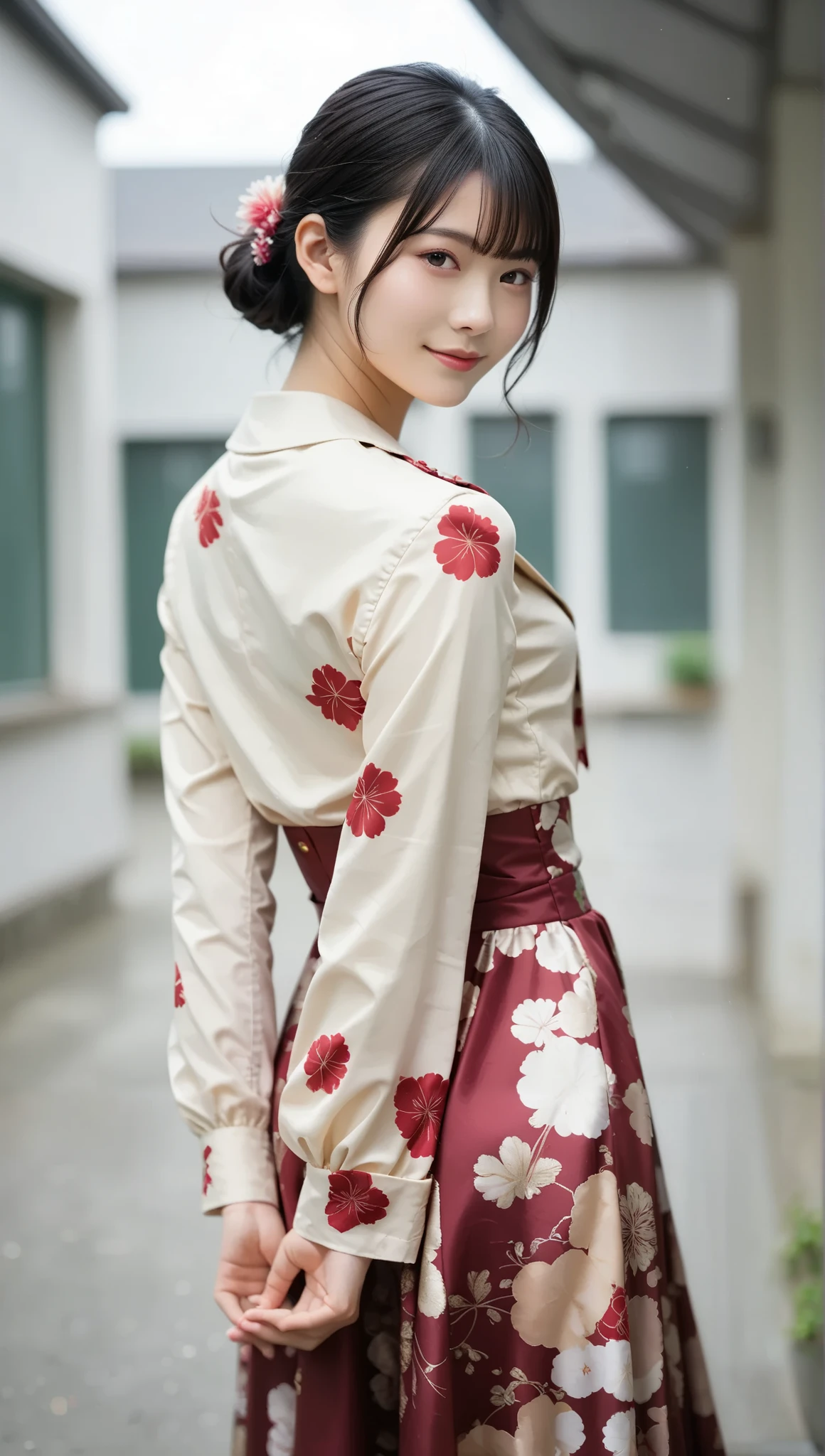 ( score_9, score_8_ up the side, score_7_ up the side, extremely detailed outdoors), BREAK A breathtakingly beautiful long Japanese woman , dark hair like silk, Includes 。. She has a radiant smile , And a confident and graceful attitude, behind her back and confident , Elegant attitude. She's a classroom , posing with her back slightly bent , she is folding her hands behind her back , emphasizes her graceful posture . This scene contains soft steam and haze, Add depth and realism . She's in a dynamic pose , posing by crouching or spreading legs . high resolution 32K , masterpiece level details , hauzmo style .