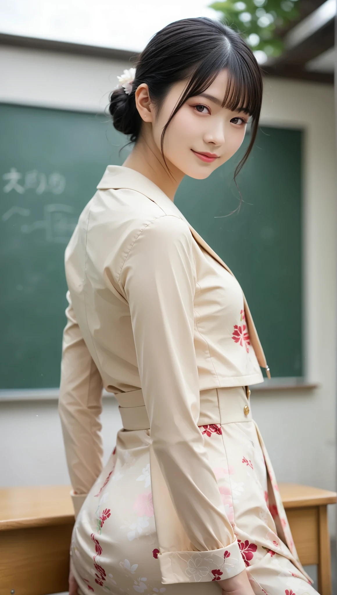 ( score_9, score_8_ up the side, score_7_ up the side, extremely detailed outdoors), BREAK A breathtakingly beautiful long Japanese woman , dark hair like silk, Includes 。. She has a radiant smile , And a confident and graceful attitude, behind her back and confident , Elegant attitude. She's a classroom , posing with her back slightly bent , she is folding her hands behind her back , emphasizes her graceful posture . This scene contains soft steam and haze, Add depth and realism . She's in a dynamic pose , posing by crouching or spreading legs . high resolution 32K , masterpiece level details , hauzmo style .