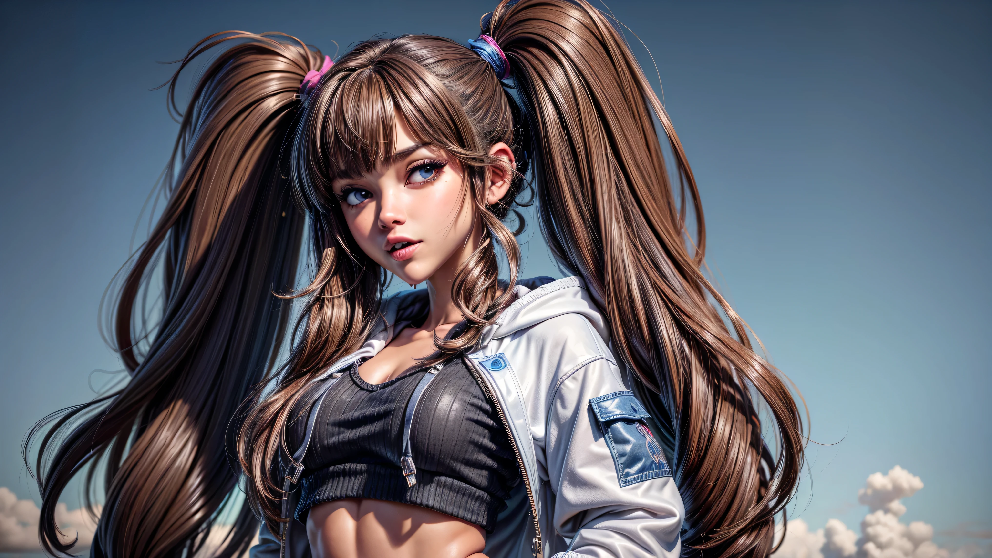 1girl, solo, long hair, open hoodie, white hoodie, midriff, looking at viewer, sexy, pants low on hips, ((unbuttoned pants)), cowboy shot, (full body portrait), black hair, hip-hop, lips, sexy mouth, ribbon, hair ribbon, bangs, upper body, part side up, blue eyed, bangs, black ribbon, ribbed hoodie, twin tails, pierced nose,