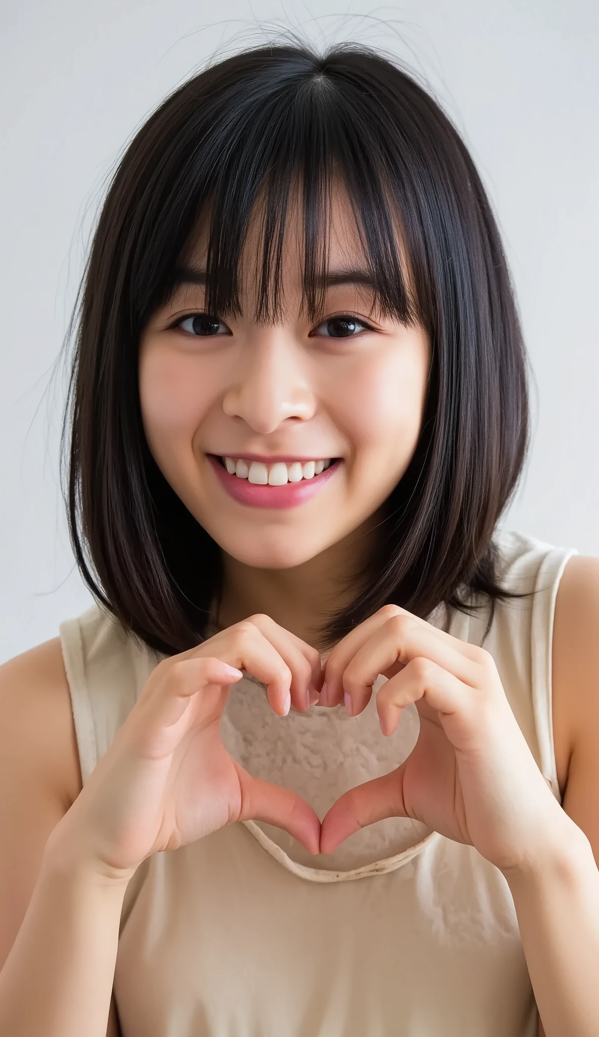  Super Fine、An upshot of her face、She has a smile showing her teeth, wears a camisole, and poses with her hands in the shape of a heart in front of her chest、The background is plain、  high definition、細部にわたって high definition