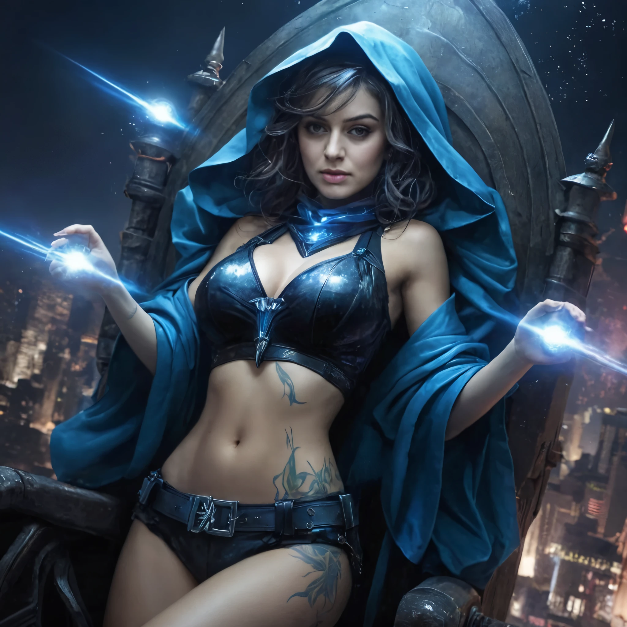 ((high resolution)), athletic, defined muscles, ((pale skin)), freckled, brunette teen, with blue eyes, curly pixie haircut, ((large breasts)), as a sorceress, wearing flowing robes, hooded cape, in a castle