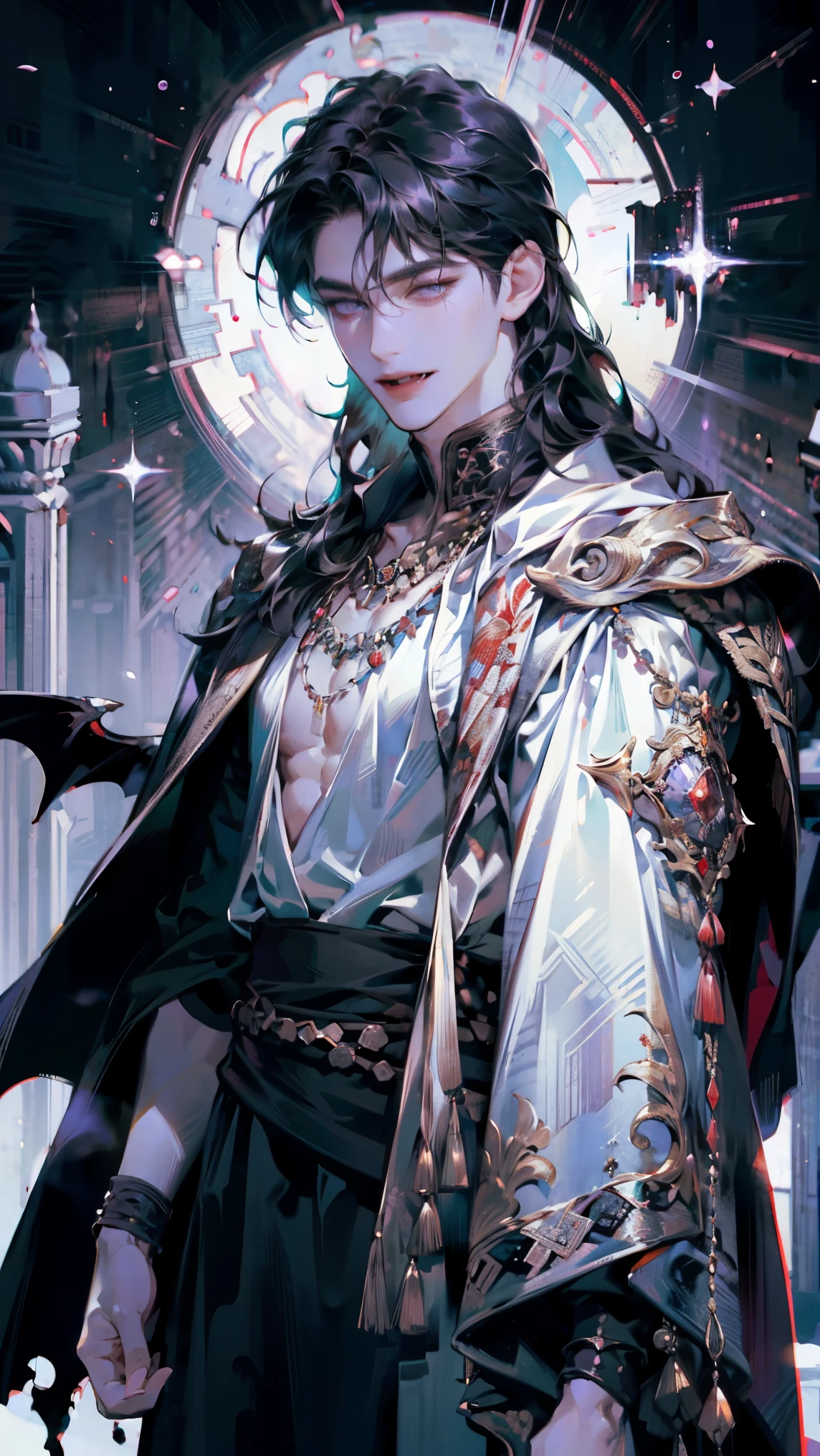 Illustration, top quality, pixiv illustration , VERY DETAILED, animation, ((( alone)) (male), full body, 1인 male, black hair, long hair, light lilac eyes, dramatic lighting, LON CONTRAST , wear a Greek tunic costume like a white gown, The collar is open to show your abs, Gorgeous Arabic-style necklace , Multiple necklaces , detailed snow, The man is sweeping his bangs back. Confident smiling face , The fangs of the teeth are sharp. toots like vampire , clear iris, 35살 male, 터프한 male, male적인, dark room, black dragon wing, 8k, DETAILED EYES, DETAILED FACE, a magical effect, Wizard, Wizard Robe,