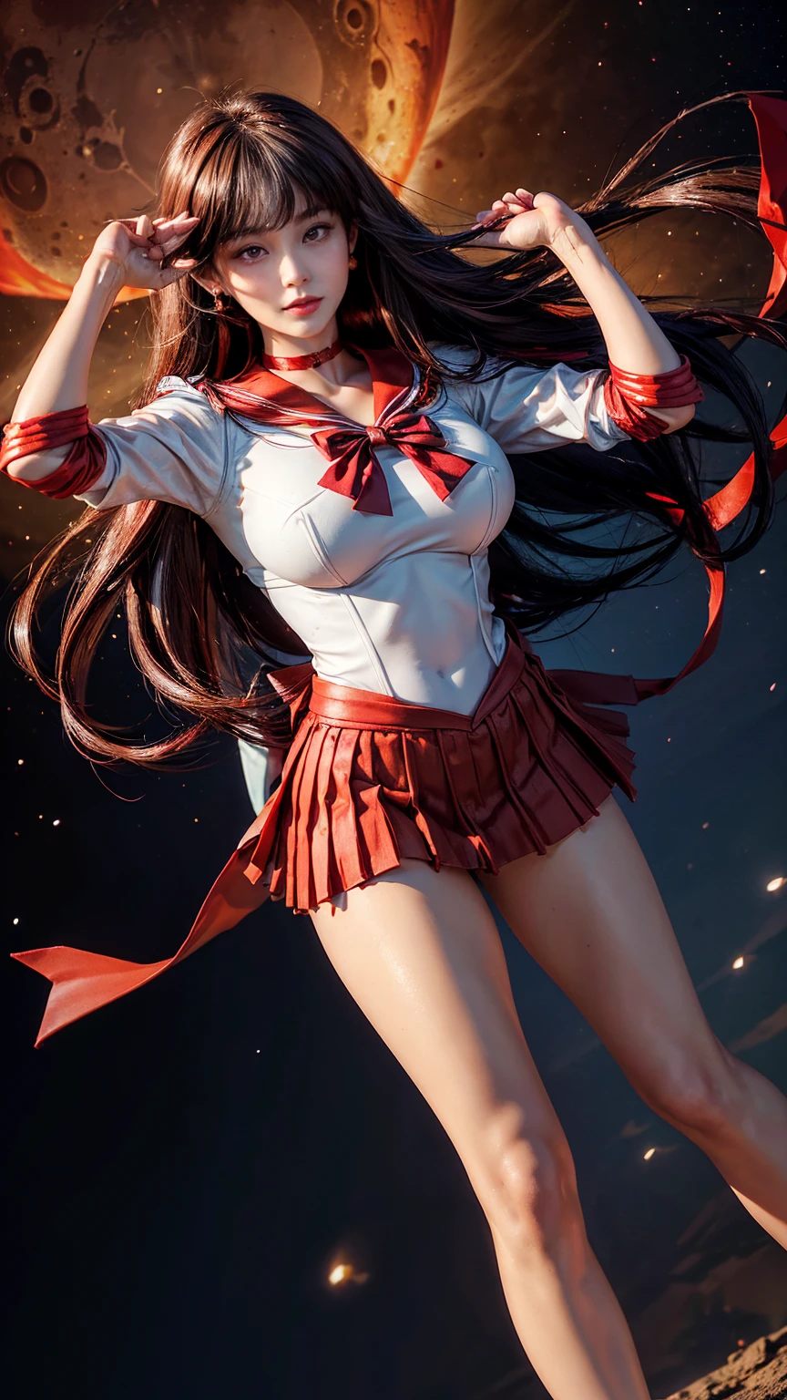 masutepiece, full: 1.3, to stand, ((Fighting stance)), 8K, 3D, Realistic, Ultra Micro Photography, of the highest quality, Super Detail CG Unity 8k wallpaper, From below, Intricate details,Sexy Fashion (Female: 1 person), 28 years old, Glossy crimson sexy pleated ultra-small skirt:1.4, Crimson Red Sailor Senshi Uniform, Pants are visible,((SAMA1, tiarra, Sailor Senshi Uniform, White Gloves, Red sailor collar, Red skirt, Sailor Senshi Uniform: 1.2, Sailor Mars: 1.2, meishaonv)), incredibly long straight purplish-black hair: 1.2, Beautiful straight long hair shiny: 1.2, Sailor Senshi uniform revealed, ((very large purple bow in the center of the chest,,: 1.4, Large golden tiara on the forehead: 1.5, , Red gloves on the elbows: 1.1, Glossy red enamel pin heel with luxurious gold decoration: 1.3, saturated wide crimson red color,,,,, Saturated crimson sailor color, Long white latex gloves with luxurious gold decoration: 1.3, very large long red bow behind the waist,,: 1.1, Red choker, Cleavage looks sexily boldly big, Red star-shaped earrings)),
Very long hair, Parted bangs, ((Seductive smile, Very pretty face, Face Details: 1.5, Bright purple eyes, Beautiful face, Beautiful eyes, Outline of the iris, thin lips: 1.3, thin and sharp pale eyebrows, long dark eyelashes, Double eyelashes)), Luxurious Golden Jewelry, (Very thin and fitting high gloss silver-white holographic leather: 1.2), White Silver Ultra High Leg Cut Swimsuit,Huge fiery wings, thin and muscular muscles, Muscular abs, a small face, Huge breasts:1.2, Perfect proportions, thin waist, Visible Pore, Perfect hands: 1.4, Octane Rendering, highly dramatic picture, Strong natural light, Sunlight, exquisite lighting and shadow, Dynamic Angle, Digital SLR, Sharp Focus: 1.0, Maximum clarity and sharpness, (burning hair,Fire divinity,Background of the burning space,Dynamic frame for the background,human on fire:1.2、fire, Fireball,spark of light,Dynamic Fire,Dynamic Frames,Moonlight,Moon, dynamic background,armor,