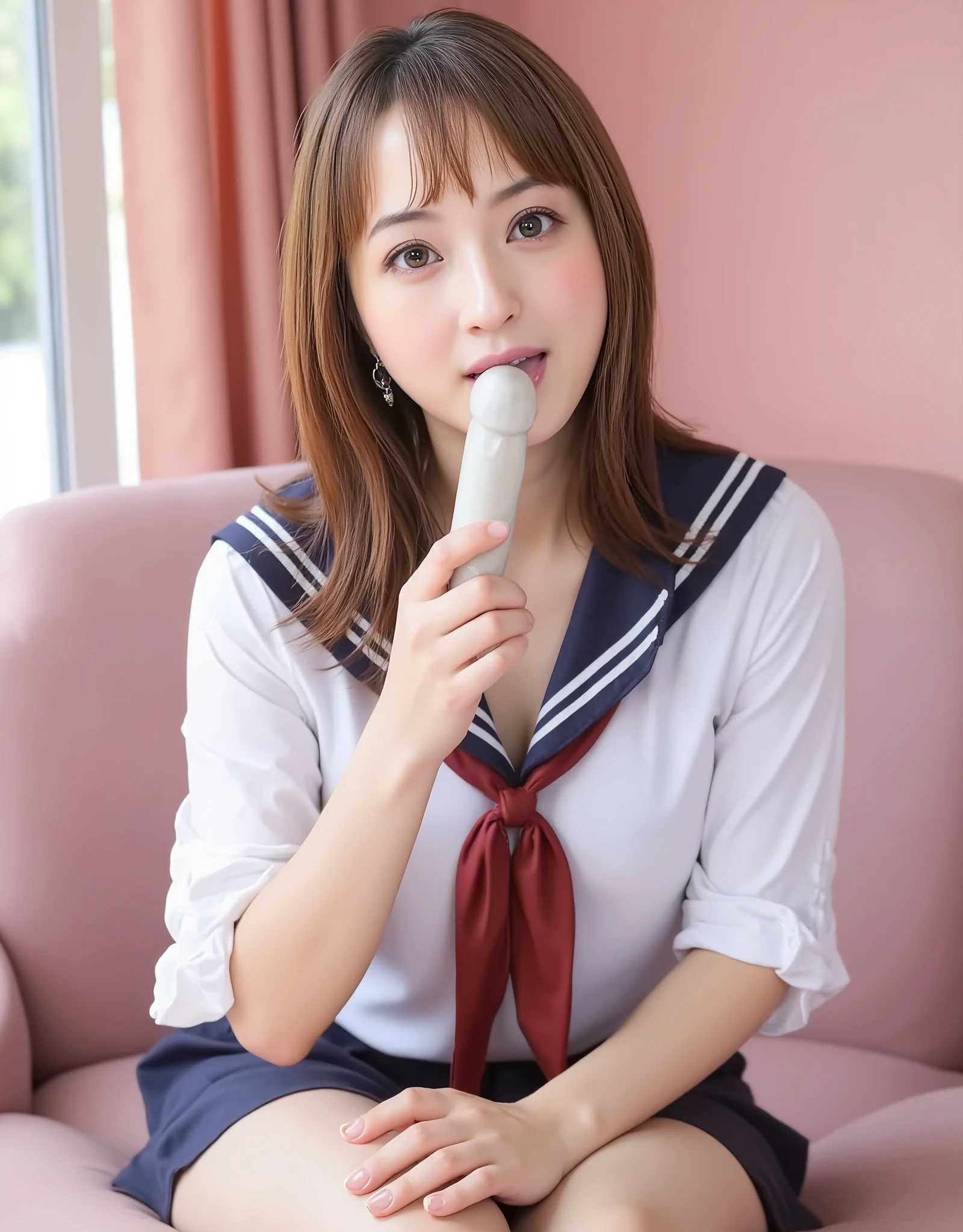 NSFW, (Highest quality), (Ultra-precise CG 16K wallpaper), (Realistic: 1.6), (High saturation), (Sharp), Beautiful detailed shading, Beautiful natural lighting, Beautiful detailed glow, Bright sunlight in the daytime, Natural light, Depth of field, (Mature 24 year old woman, One person: 1.6), (Very beautiful Japanese face), (Sasaki Nozomi), (Straight medium hair, bangs: 1.6), (Shiny black hair), (Sparkling eyes), (C cup size breasts, cleavage: 1.6), (Beautiful breasts), (Beautiful legs), (Beautiful skin), (Dimpled belly button: 1.6), Beautiful proportions, (Smile: 1.0), (Looking at me: 1.6), (Wearing white sailor uniform with navy blue sailor collar and wine red scarf: 1.6), (Wearing earrings), (Sitting pose: 1.6), (Pink room, window and curtains), (Full screen image:1.6), (image showing from head to thigh:1.8), (image showing a woman from the side:1.6), (a woman sitting in a chair in the afternoon in a pink room, licking a thick white stick in her hand:1.8),