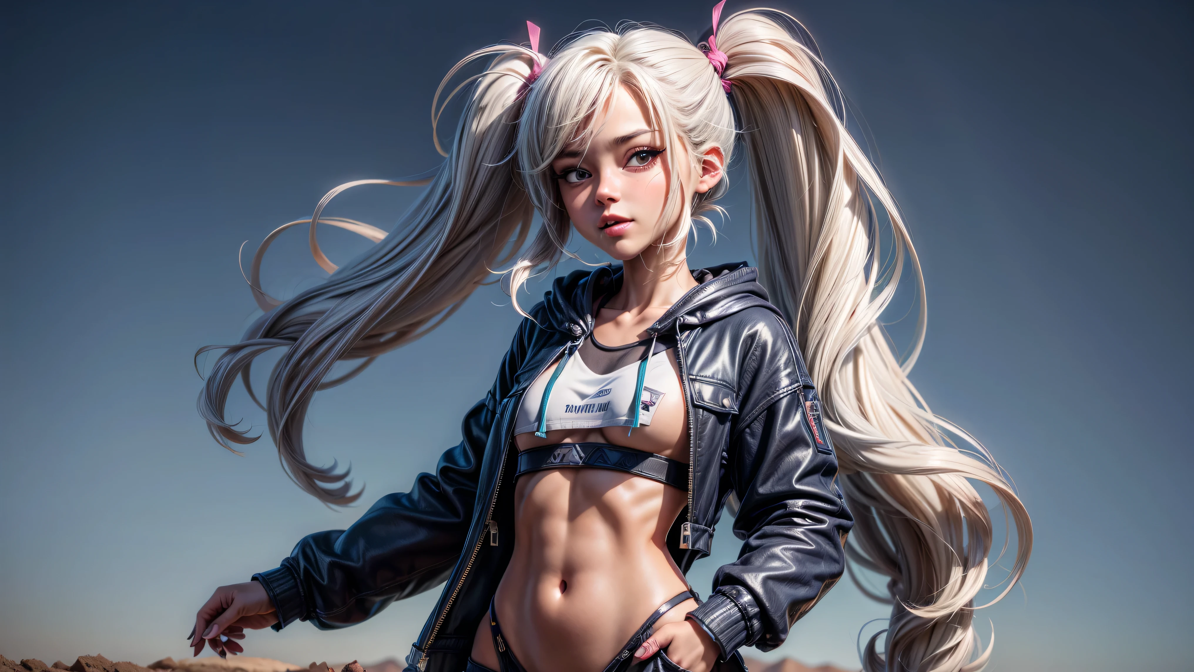 (masterpiece, best quality), (from below), 1 girl, perfect body, big breasts, woman, Ganguro, bikini top, jacket, mini skirt, panties, necklace, Bracelets, Twintails, Posture crouching, city streets, Harajuku, late night
