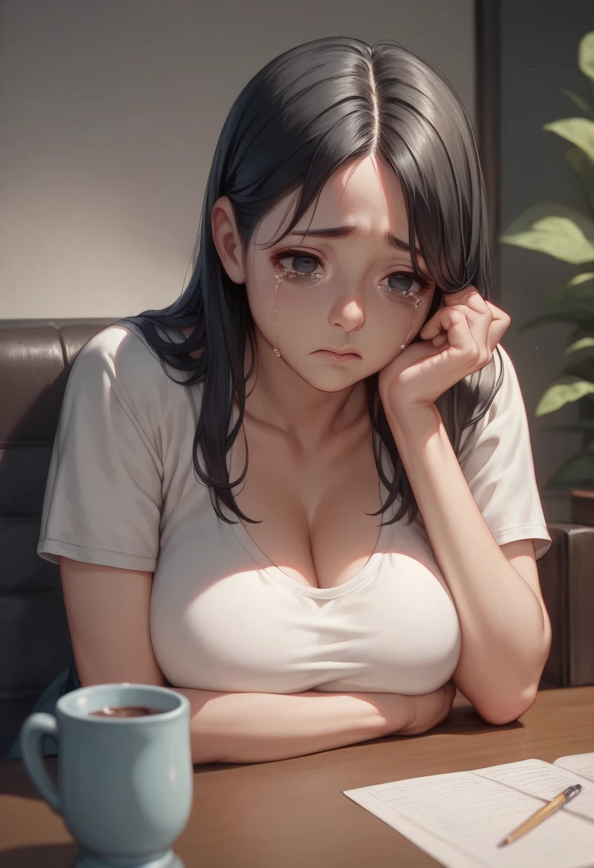 detailed illustration, ultra-detailed, illustration, 1girl, young woman, beautiful, cleavage, short black hair, black eyes, sitting at dining room table, night, coffee on table, sad, crying, empty hands