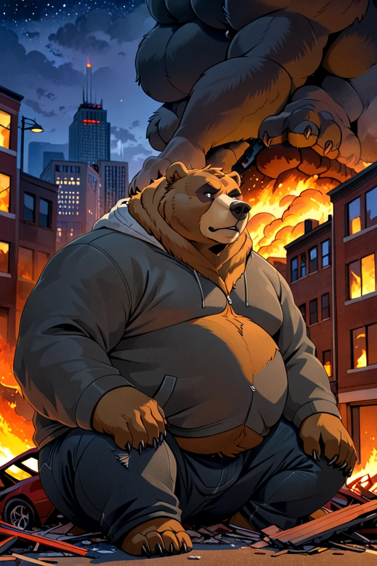 A very dominant dominant bear with a strong fresh, with very b, fat with a wearing a gray jacket. There is an old wound on his eye sitting on The wreckage of a burning fire building On the street in a city And with perspective pants close to his face A very mighty shape Strong and majestic bear with a terrible shape it night