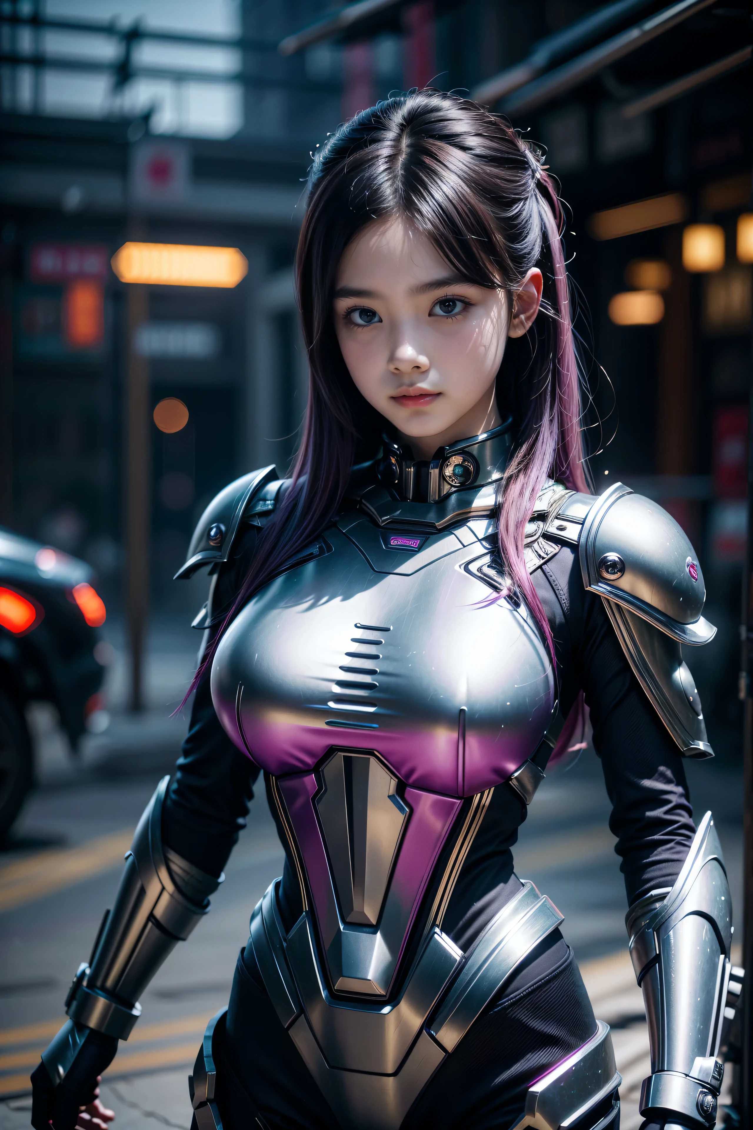 ((highest quality)), ((masterpiece)), ((Perfect Face))、((Detailed Motorcycle))、Detailed and clear photos、((Cyborg Woman))、((Cyborg in a sexy super shiny black metal jacket and leather pants))、((Ride a Cyberbike))、((cybernetics))、Slender body、((Woman with a mechanical body))、Communication Headset、(((Steel Fingers)))、(((The body is mechanized)))、Full Body Shot、The background is a futuristic city、smile、((A beautiful face with big eyes)),(A sexy cyber suit that exposes a lot of skin)、(Sexy pose with butt sticking out)、(Teeth clean、自然なsmileがかわいい)、Laugh anyway,