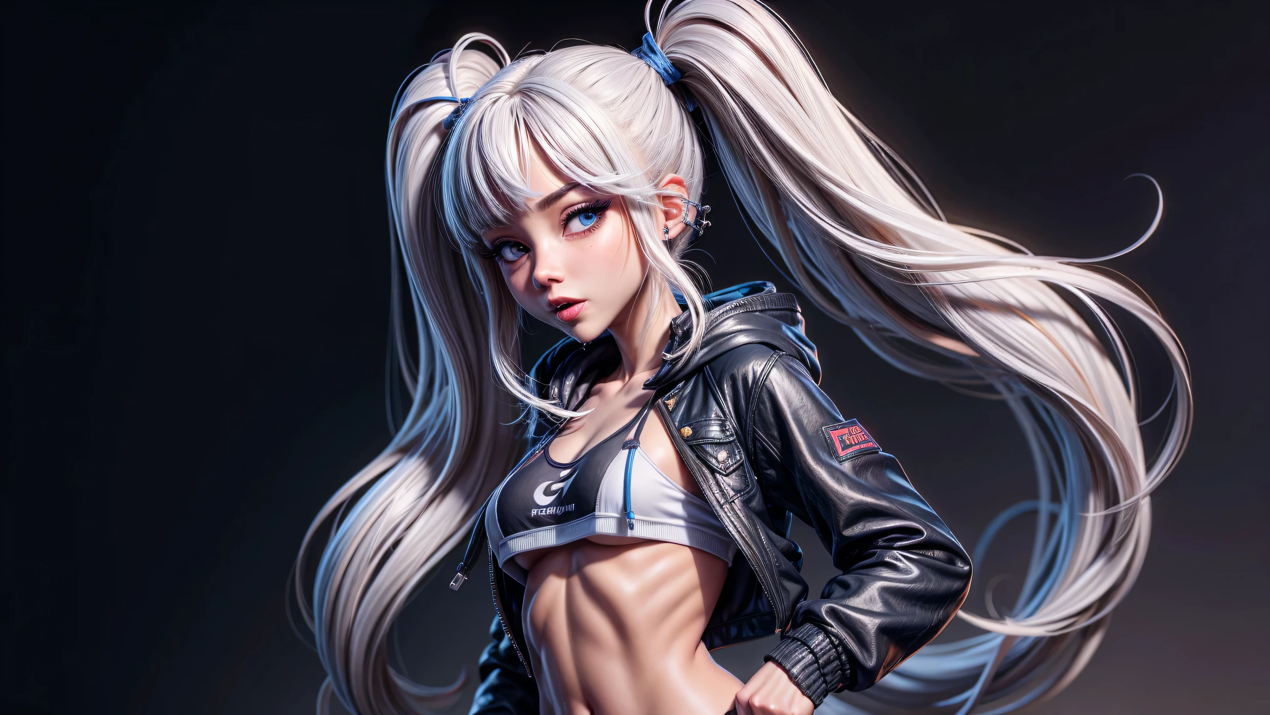 1girl, solo, long hair, open hoodie, white hoodie, midriff, looking at viewer, sexy, pants low on hips, ((unbuttoned pants)), cowboy shot, (full body portrait), black hair, hip-hop, lips, sexy mouth, ribbon, hair ribbon, bangs, upper body, part side up, blue eyed, bangs, black ribbon, ribbed hoodie, twin tails, pierced nose,