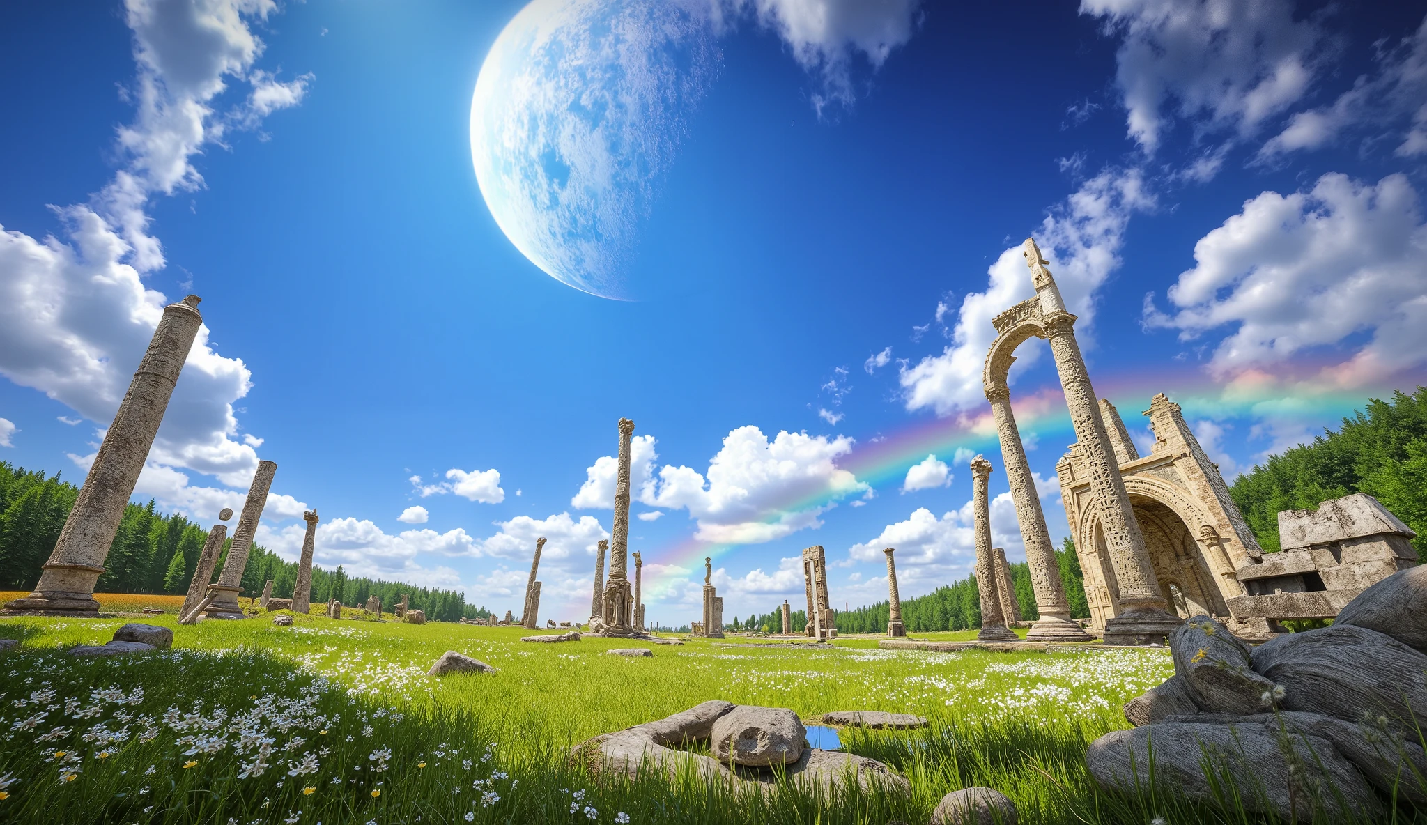 ((Astonishingly absurd )),( masterpiece:1.2),超high resolution, attention to detail , high quality, alta resolución, 最 high quality, 4k, 8K、 very beautiful、landscape、landscape画、Infinite blue sky、A rainbow appears、There is a group of ruins、 Dandelion fluff flies upward,rainbow、 large planet in the sky