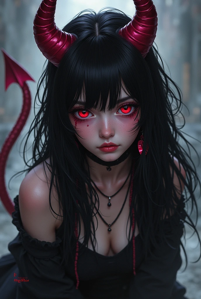 black hair, hair bobbles, longeyelashes, ear blush, asymmetrical hair, messy hair, demon horns, empty eyes, constricted pupils, crazy, sad, skin fang, evil, Surrealism, drop shadow, anaglyph, stereogram, tachi-e, pov, atmospheric perspective, chiaroscuro, move chart, f/4.0, 35mm, wide shot, 8k, super detail, ccurate, best quality, UHD, masterpiece, ccurate, textured skin, super detail, high details, high quality, award winning, best quality, highres --auto