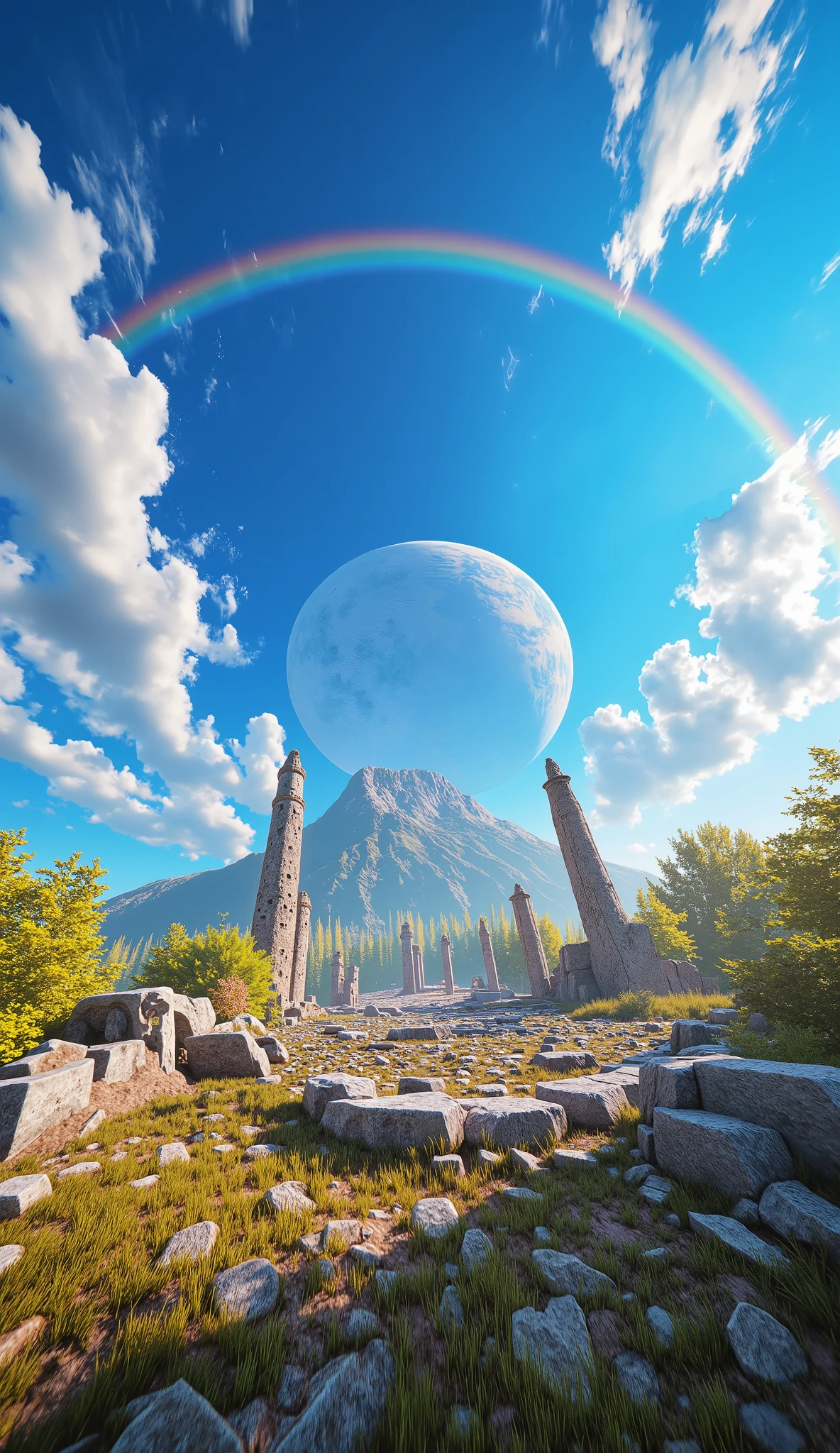 ((Astonishingly absurd )),( masterpiece:1.2),超high resolution, attention to detail , high quality, alta resolución, 最 high quality, 4k, 8K、 very beautiful、landscape、landscape画、Infinite blue sky、A rainbow appears、There is a group of ruins、 Dandelion fluff flies upward,rainbow、 large planet in the sky