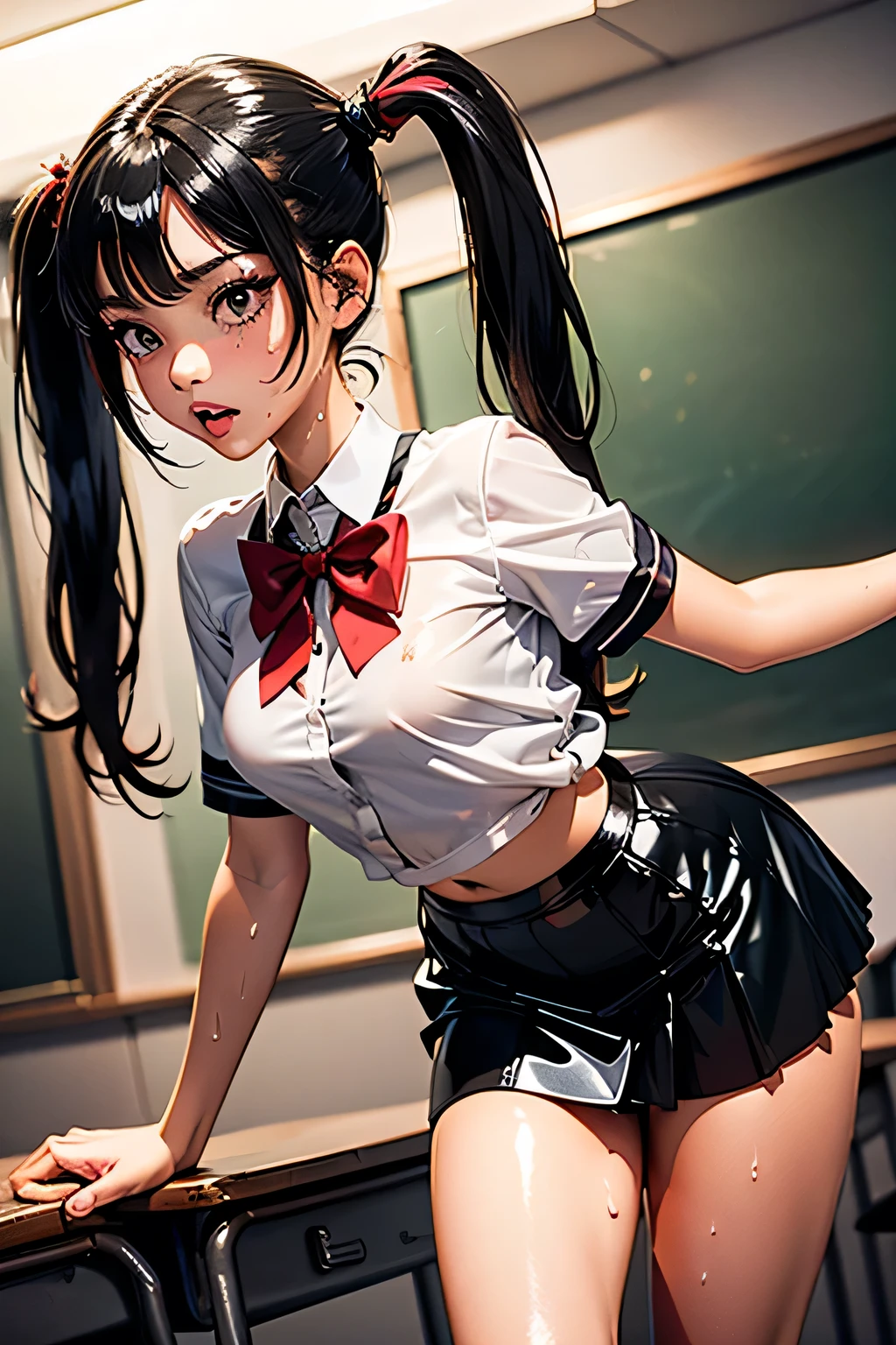 elementary student,schoolgirls,Place your hands on your chest,Black panty,No pants,No skirt,Side view