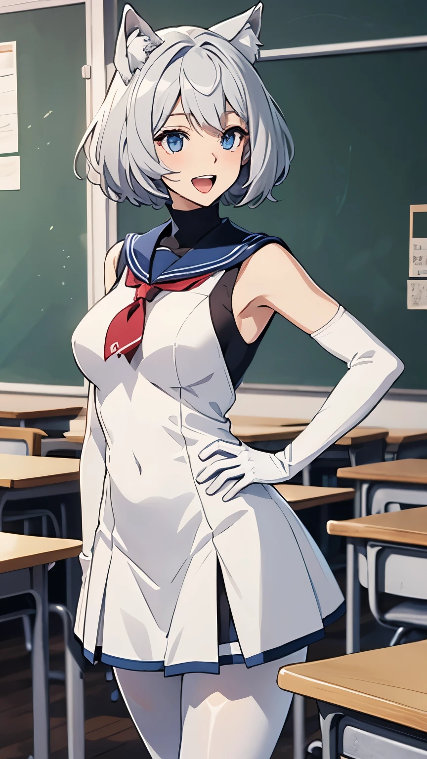  table top　 high resolution　 top quality　8k　  adult female 　 anime style　 standing　  White Long Gloves  （Opera Gloves）　 place your hands on your hips　 white sailor suit（Sleeveless）　 miniskirt（Navy Blue）（ check pattern ）　White pantyhose　White wolf ears　 short hair（（ shortcuts）（ gray hair ）（Perm）（Fluffy））　blue eyes　 charming face（（Laughter）（lure）（ open mouth ））　classroom