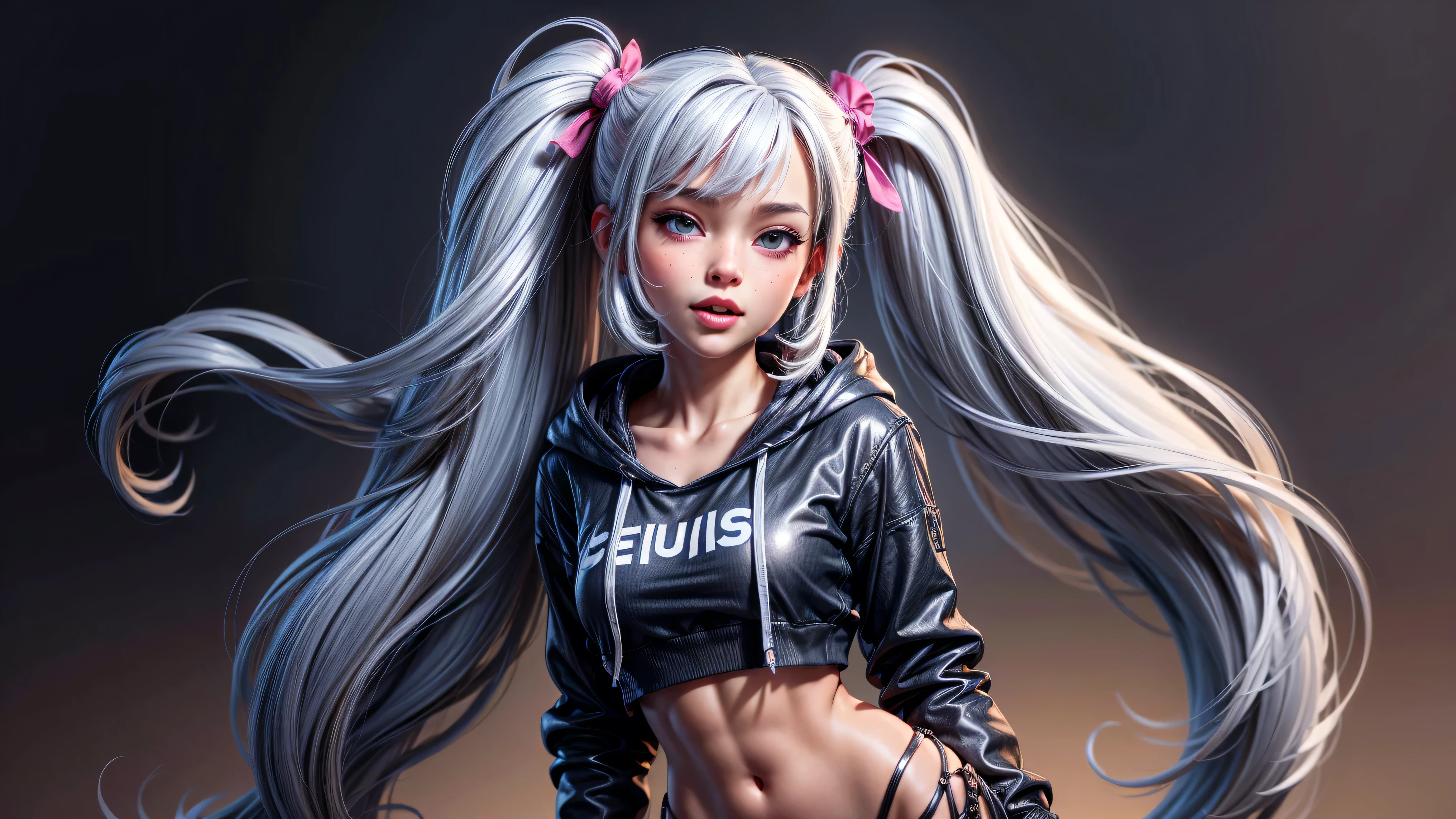 1girl, solo, long hair, open hoodie, white hoodie, midriff, looking at viewer, sexy, pants low on hips, ((unbuttoned pants)), cowboy shot, (full body portrait), black hair, hip-hop, lips, sexy mouth, ribbon, hair ribbon, bangs, upper body, part side up, blue eyed, bangs, black ribbon, ribbed hoodie, twin tails, pierced nose,