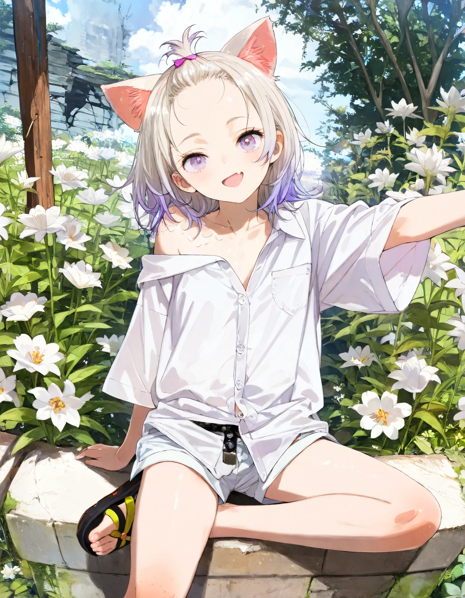 ((toi8 style)), ((Masterpiece)), ((best quality)), (8K), (wide shot), cinematic lighting, (detailed background:1.2), (super detail:1.2),(High Definition:1.3), (Professional Photography:1.2), (very aesthetic:1.2), (absurdres:1.2), (sharp focus), ((1girl)), Cute teenage Girl, (Textured skin), (Realistic skin), (pale purple eyes, gradient eyes, upturned eyes), (platinum-gold hair), (bangs pinned back, cute forehead), gradient hair, blue color Hair Tip, (medium hair), small breast, (Healthy Gaunt body), (open mouth wide, skin fang), seductive smile, blush, (cute cheeks), glossy lips, pouty lips, (lower eyelashes), (tilt head), put on cat ears, BREAK, ((Oversized loose buttoned shirt, shirt overhang, collared shirt)), (bare left shoulder, slightly exposed small chest), braid belt, white shorts, (Thick soled Ethnic sandals), ((reaching arm at viewer)), (loose sitting against the Beautiful many Lilies), outside the ruins covered with Beautiful many Lilies, White Lilies Blooming,