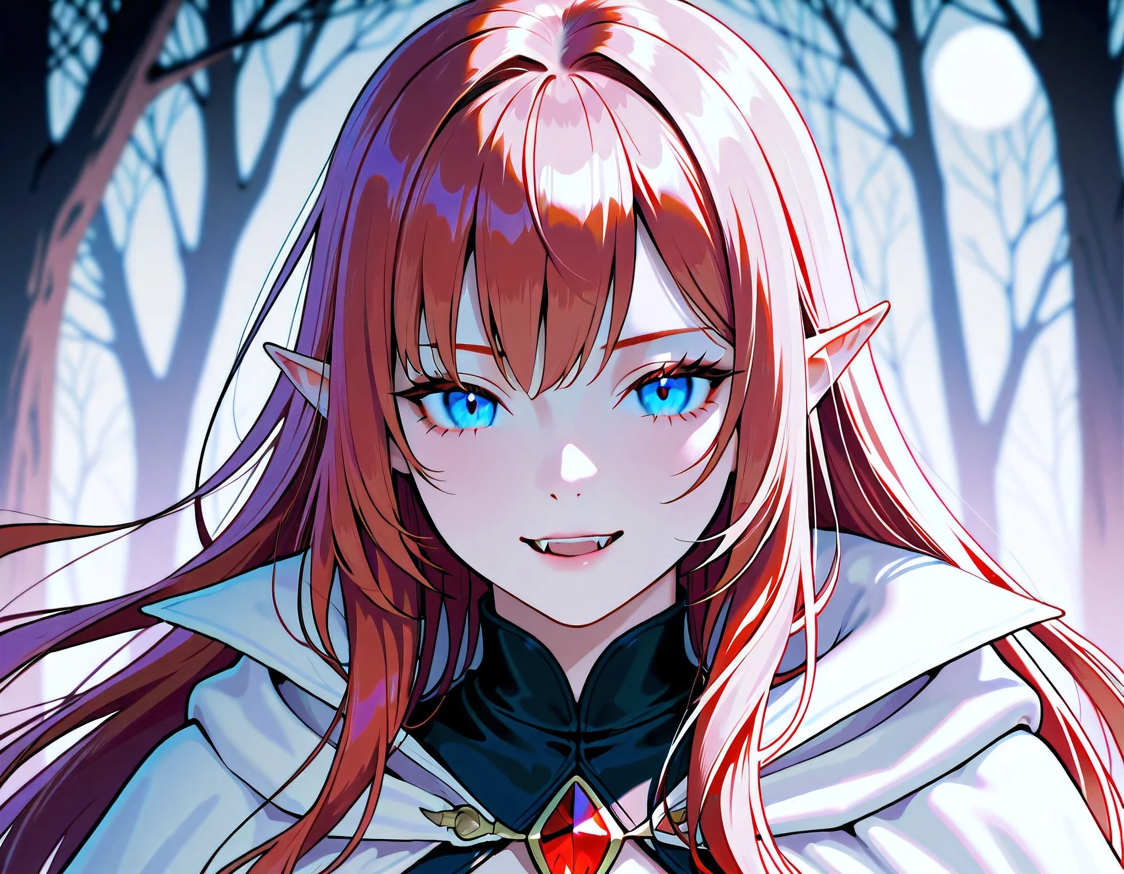 a portrait of a female elf vampire traveling on the forest road, an exquisite beautiful female elf (ultra details, Masterpiece, best quality), red hair, small pointed ears, pale skin, long hair, blue eyes, smirking, wearing dark black silk dress, intricate dress, dress (ultra details, Masterpiece, best quality), white cloak, in dark fantasy forest at night, dark trees, the moon is high in the sky, best anatomy, high details, best quality, 16k, [ultra detailed], masterpiece, best quality, (extremely detailed), close up, ultra wide shot, photorealistic, RAW, fantasy art, dnd art, fantasy art, realistic art,((best quality)), ((masterpiece)), (detailed), perfect face, RAW, dark fantasy art, anime, NRART, fangs style, Cinematic Shot