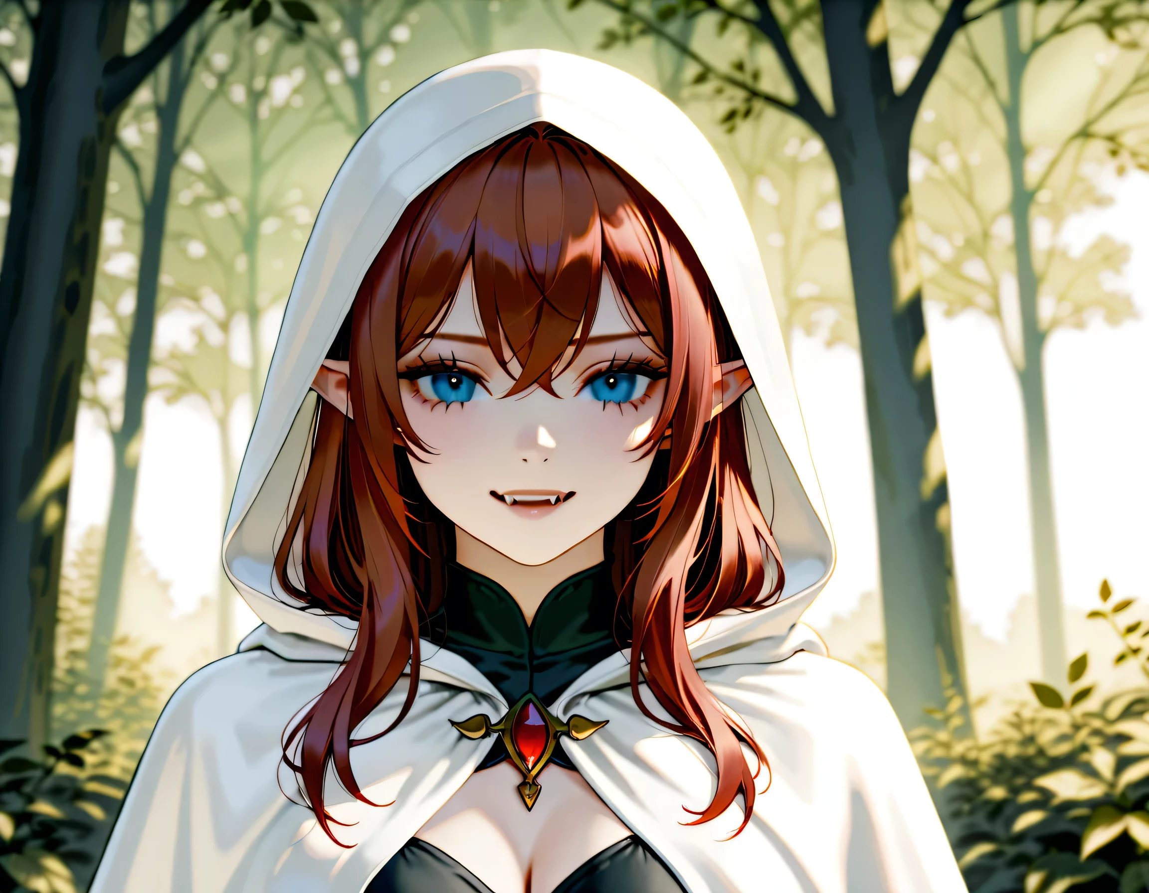 a portrait of a female elf vampire traveling on the forest road, an exquisite beautiful female elf (ultra details, Masterpiece, best quality), red hair, small pointed ears, pale skin, long hair, blue eyes, smirking, wearing dark black silk dress, intricate dress, dress (ultra details, Masterpiece, best quality), white cloak, in dark fantasy forest at night, dark trees, the moon is high in the sky, best anatomy, high details, best quality, 16k, [ultra detailed], masterpiece, best quality, (extremely detailed), close up, ultra wide shot, photorealistic, RAW, fantasy art, dnd art, fantasy art, realistic art,((best quality)), ((masterpiece)), (detailed), perfect face, RAW, dark fantasy art, anime, NRART, fangs style, Cinematic Shot