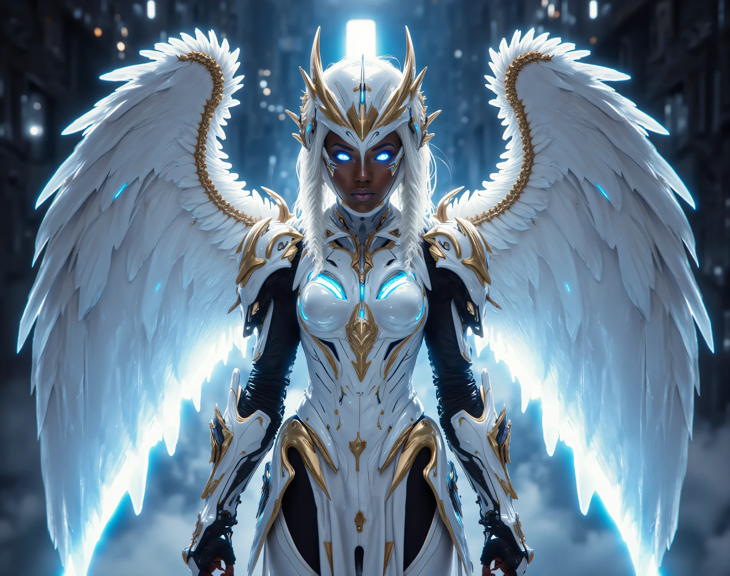 Ultra-realistic, Full body photo, fantasy background, Cute african american female in divine white and gold armor with no helmet, her head is exposed, armor is lined with neon blue light, White hair, side braids, glowing blues eyes, eyes glow blue,No helmet, angelic armored wings, holding a blue lightsaber