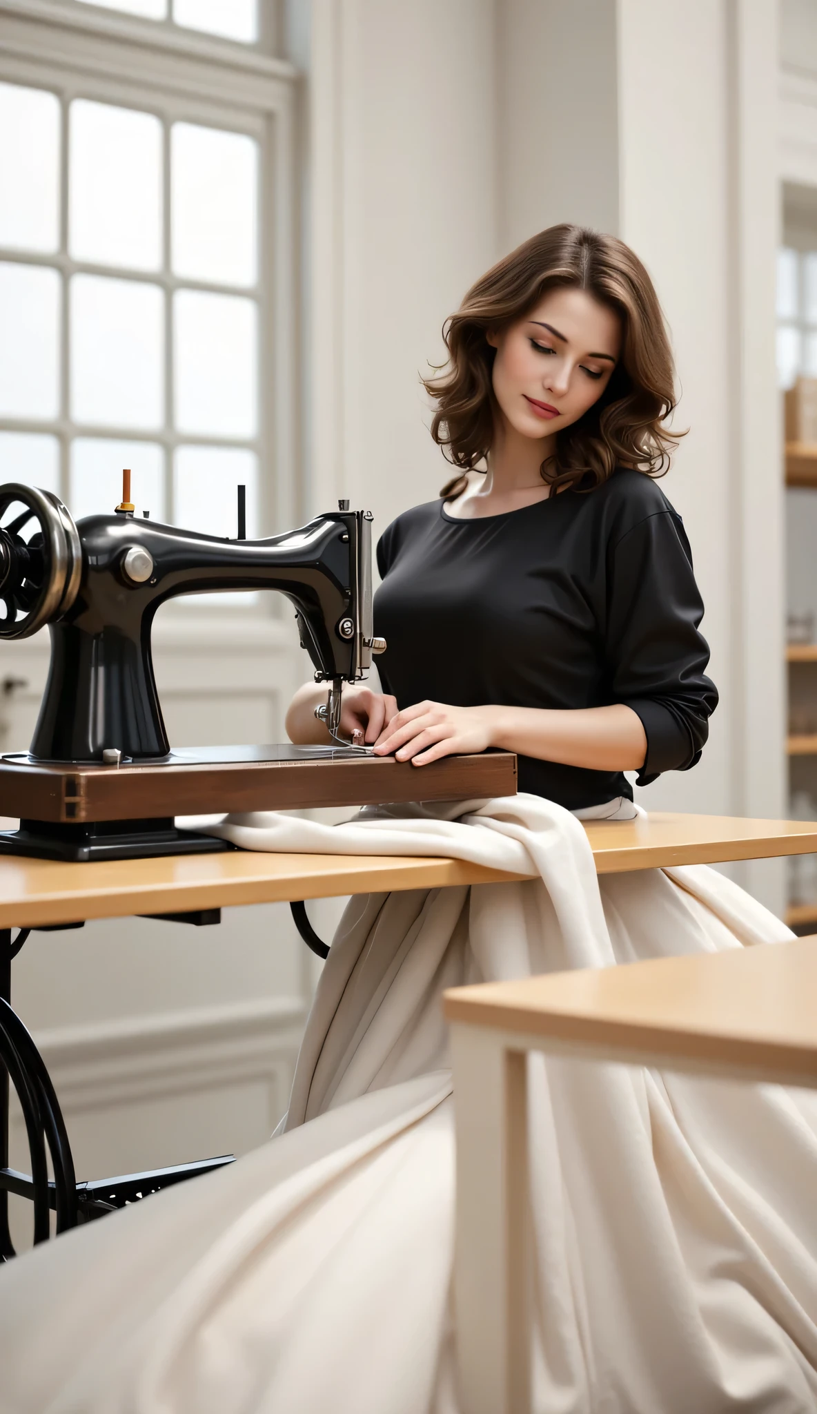 (19th century era),(far distance angle), A hyper-realistic scenery image shot of a 19th century beautifully female tailor knitting cloth on a sewing machine, a tailor. The beautifully tailor is depicted in a full body angle view, showcasing her lively, lusciously vivacious, and shapely body. She is wearing a realistic 19th century long dress, working in front of intricately Sewing steam Machine, sewing a cloth. The scene includes a well-rounded female tailor, operating realistic intricately big size sewing machine on the big table in the front, and smiling. The background features industrial revolution textile factory with central leading lines, creating a sense of depth on ultra-wide angle scenery. The image has UHD ambience, with a zoomed-out perspective, realistic textures, soft lighting, and an ultra wide wide-angle. The female's hands are accurately detailed with full human finger anatomy, and her hair is shiny and lifelike. The overall style is reminiscent of Far Cry 5 game artwork, with additional details and body fixes applied. The combination of influenced of SteamPunkAi Artwork.