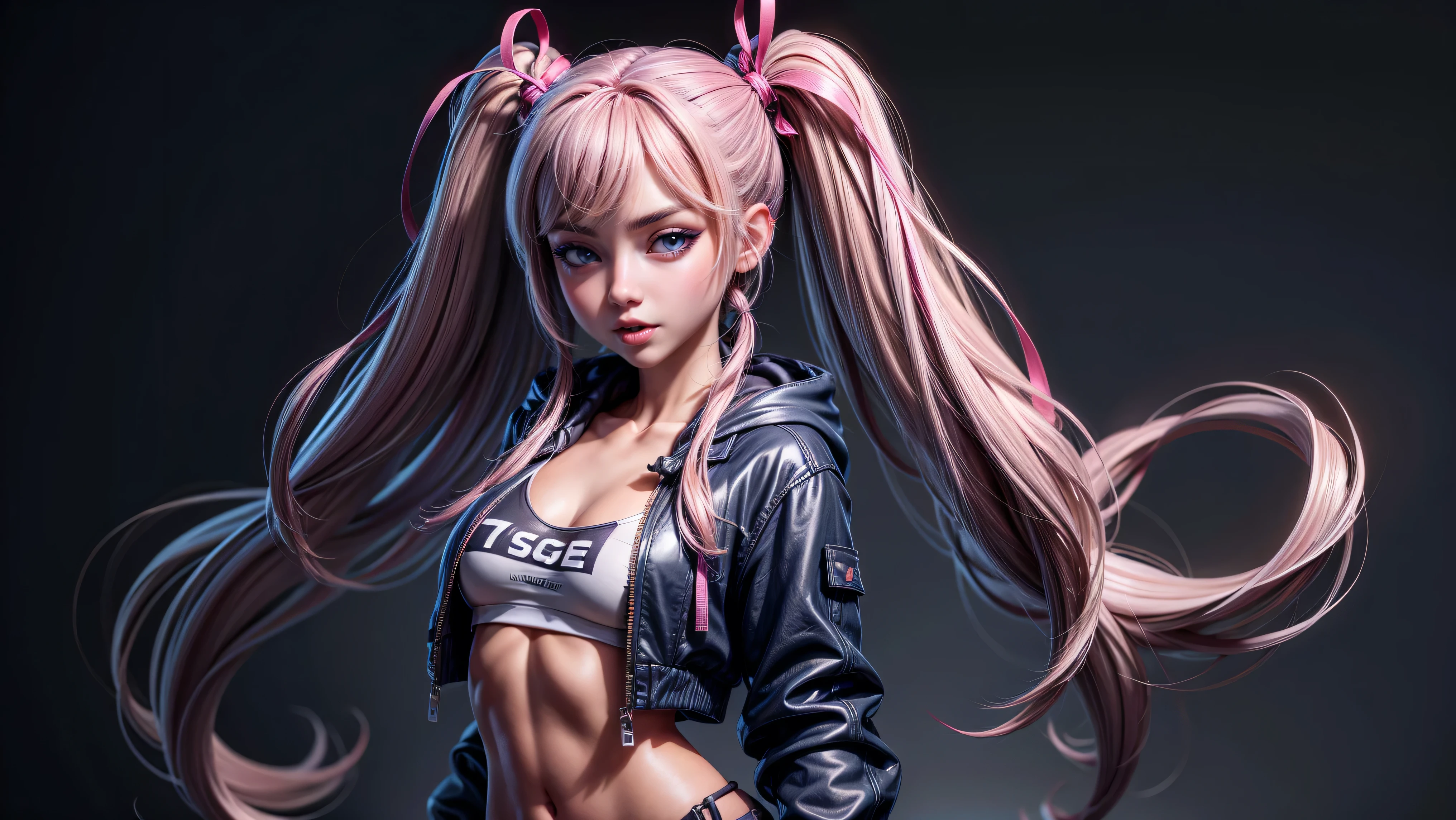 1girl, solo, long hair, open hoodie, white hoodie, midriff, looking at viewer, sexy, pants low on hips, ((unbuttoned pants)), cowboy shot, (full body portrait), black hair, hip-hop, lips, sexy mouth, ribbon, hair ribbon, bangs, upper body, part side up, blue eyed, bangs, black ribbon, ribbed hoodie, twin tails, pierced nose,