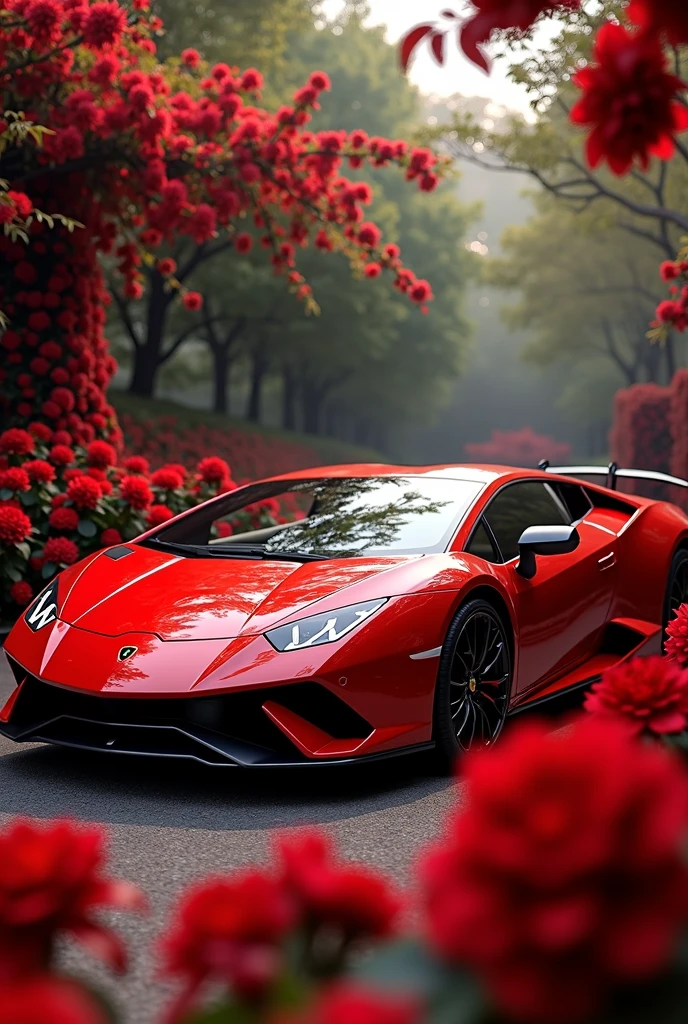 A Lamborghini with red flowers around it 