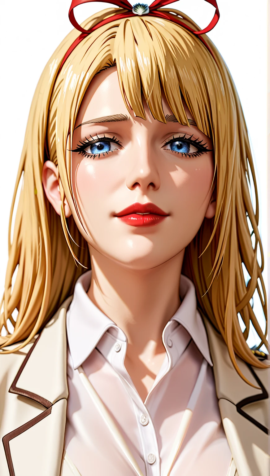 Elegant mature woman, long neck, blonde hair, short wavy hair, bangs, blazer, cleavage, soft light, high quality, 4k resolution 