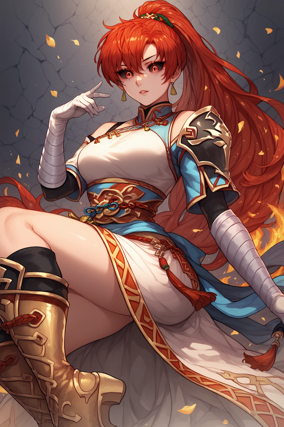 (best quality:1.5, mackerel, uhd, 4K, detailed lighting, shader),best quality eyes, perfect hands, perfect finger  , red floral hair, gradient hair, big bust, Had a good ride, big thighs,  big ass, Red Jacket,  red long pants, mature woman , (ass pov), black background, colorful eye shadow, dramatic lighting, sparkling eyes, sensuous expression, Golden earrings, flowing hair, delicate facial features, black skin, Protruding cheekbones, urban setting, whole body, black background, Don&#39;t look for the camera, lean forward,  behind the camera