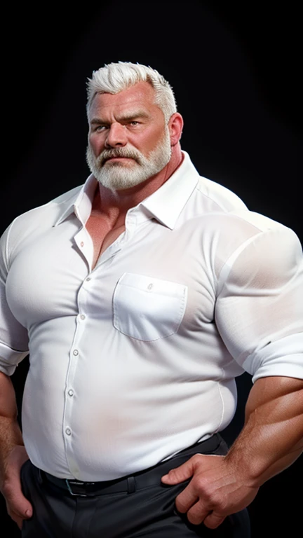  Hyperrealistic image of an old blonde German circus ringmaster from the 19th century with a bare torso and gray hair and a galley on his head A super heavy bodybuilder flexing his muscles A full body obese bodybuilder with a very sweaty body An extremely manly old man muscular and extremely fat over 70 years old weighing over 600 pounds a very hairy muscular man with very large sagging legs Pectorals Large dark nipples and gynecomastia on the ring of a circus wearing white jodhpurs and black high top boots 