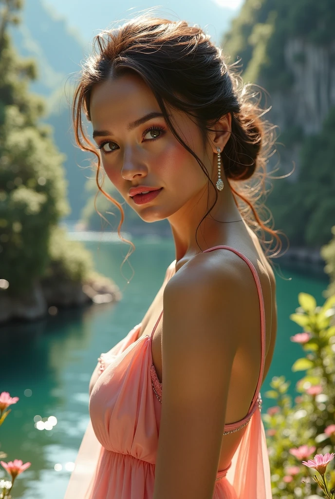 (masterpiece, best quality:1.5), highest quality, High resolution, super detailed, Realists, Full body photo of a 22 year old European brunette woman, detailed and beautiful eyes, beautiful detailed lips, very detailed eyes and face, longeyelashes, 22-year-old woman wears a short dress made of shiny satin fabric, Beautiful and colorful makeup, elegant and noble々Pose, Gardens as background, soft daylight, bright colors, fine brushstrokes, Plain dress fabric, beautiful color palette, glowing skin, First-class rendering, that captures every detail, enchanting atmosphere, subtle shadows and lights, (perfect anatomy:1.2), (The stunning 22-year-old woman presents herself (magnificent panorama view:1.2)