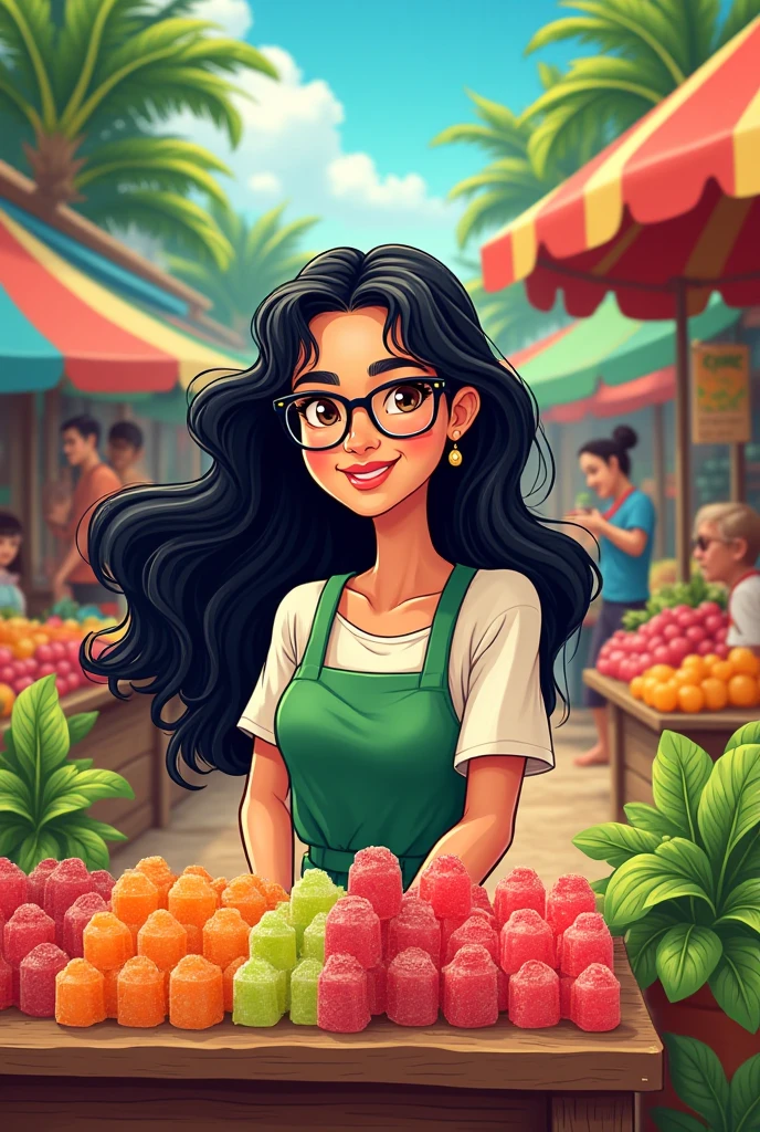 logo, girl in front of a cannabis stand, cartoon
