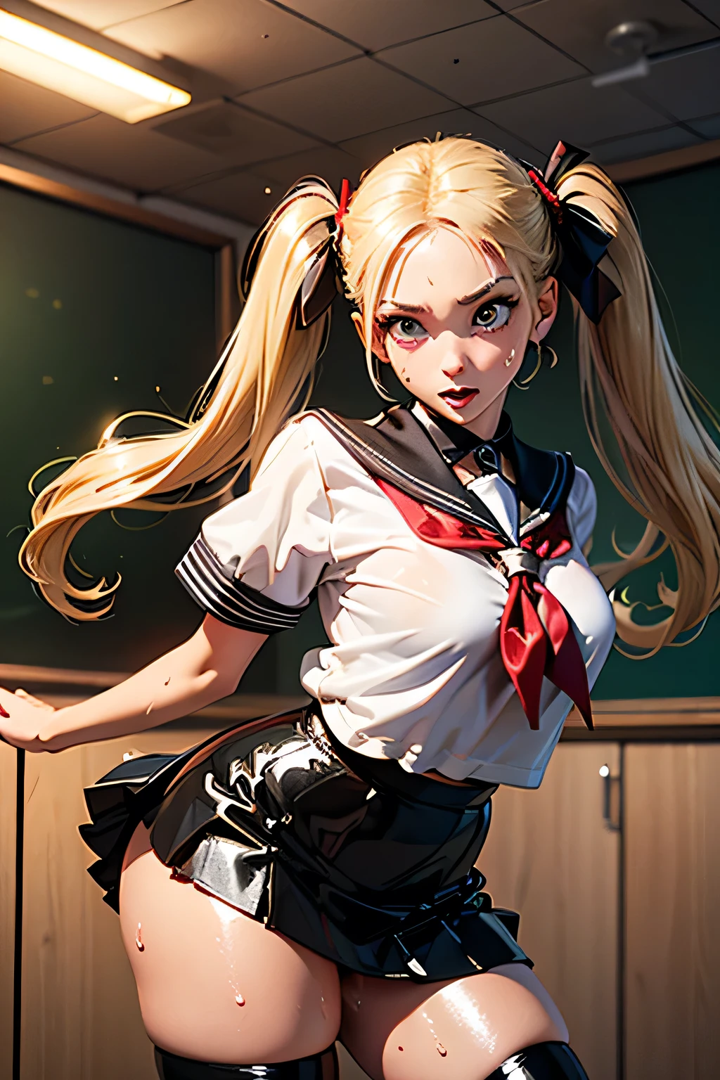 （8K，tmasterpiece，top Quority，realisticlying），（Hyper-detailing，artwork of a，Ultra-clear，Whole body diagram），（serious：1.1），（（Long pink wavy hair）：1.3，beatiful detailed eyes，Perfect proportions，eyes with brightness，Light makeup，choker necklace，ear jewelry，Pink and moist lips），1. cute girly，School teachers，classroom desk，a chair，The blackboard is behind it，All are beautiful girls，magical little girl，Small black suit with hip skirt，Black stockings with high heels，Pink magic wand magic wand，Brilliant streamers，Magic Array，Elegant and beautiful hairpins，Pink wavy curls，mediuml breasts，Small buttocks，Fair and moisturized skin，（The atmosphere is ambiguous，misty background，a fairy world：1.2）