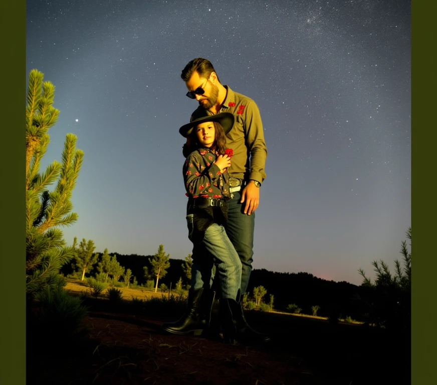 "Imagine a magical night on top of a mountain, under a starry sky and the soft moonlight. An Apache Indian lovingly holds his baby daughter in his arms, while they both look towards the horizon. The landscape is full of serenity and connection with nature. Create an image that captures this scene in detail, highlighting the deep connection between father and daughter and the beauty of the night."