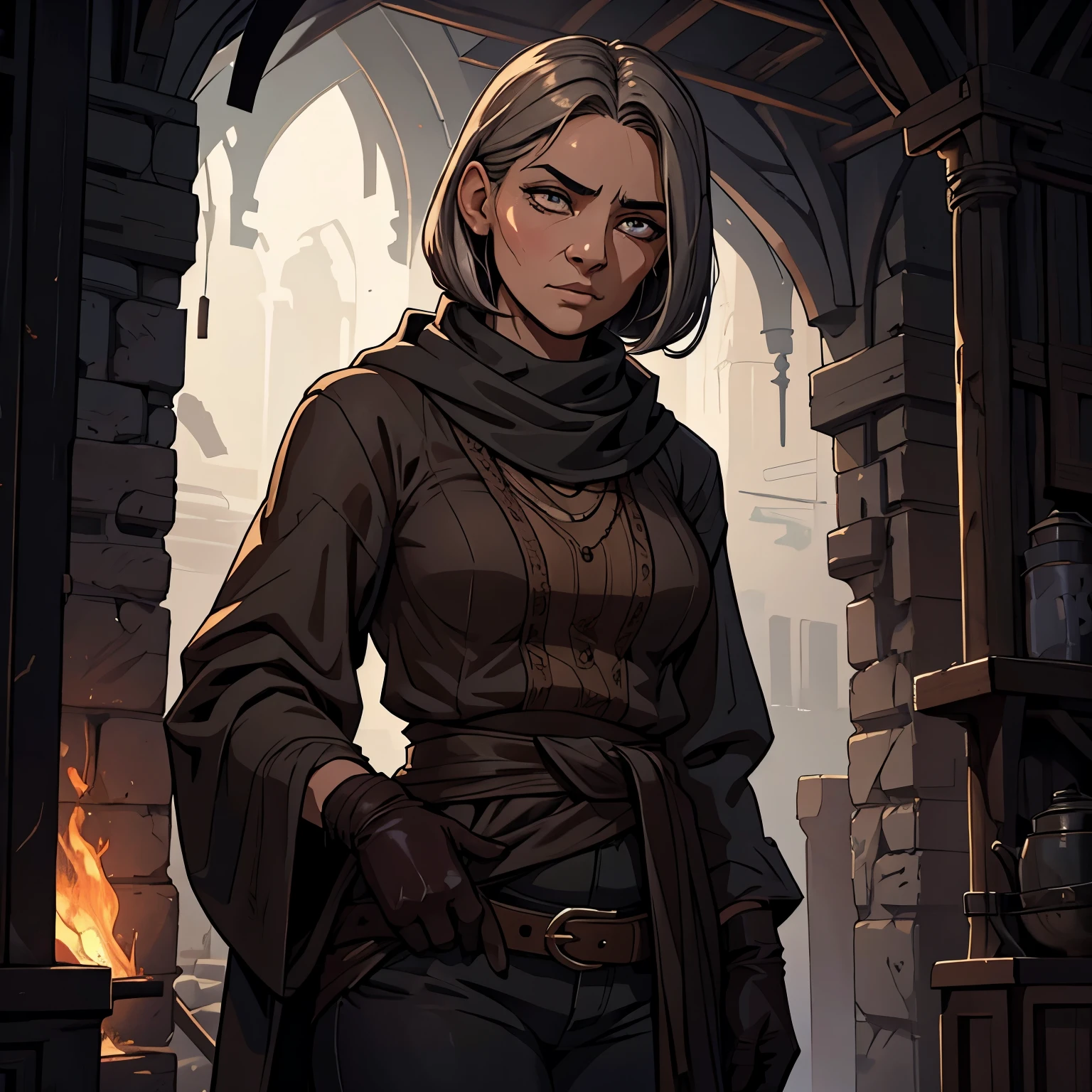 She used to be an ordinary woman , of a survivor . But her unlife has left its mark on her , making her appearance something subtly unnatural , although at first glance it might be mistaken for simple , a tired middle-aged woman . Eyes — dark brown , almost black. In low light can flicker with crimson sparks . Looking at them for too long , Seems, that they are bottomless . The skin is earthy , with unhealthy yellowness . Местами Seems, that something is moving under her . Hair — dark blond with the first glimpses of gray hair. They are thin , slightly tangled , sometimes look slightly damp . The face is thin , with sharp features , resembling a woman , who has experienced too many hardships . Under her eyes dark circles , and lips seem too pale . Figure — short , slightly stooped , but the movements are accurate and careful , like a person , accustomed to hiding . Clothes are tattered raincoats , dark scarves , glove belt, long skirts or plain pants . They dress like this , so she could easily be overlooked in the crowd . Hands — fingers long and dry , burred . Иногда Seems, that the skin on them is cracking , but then heals by itself .