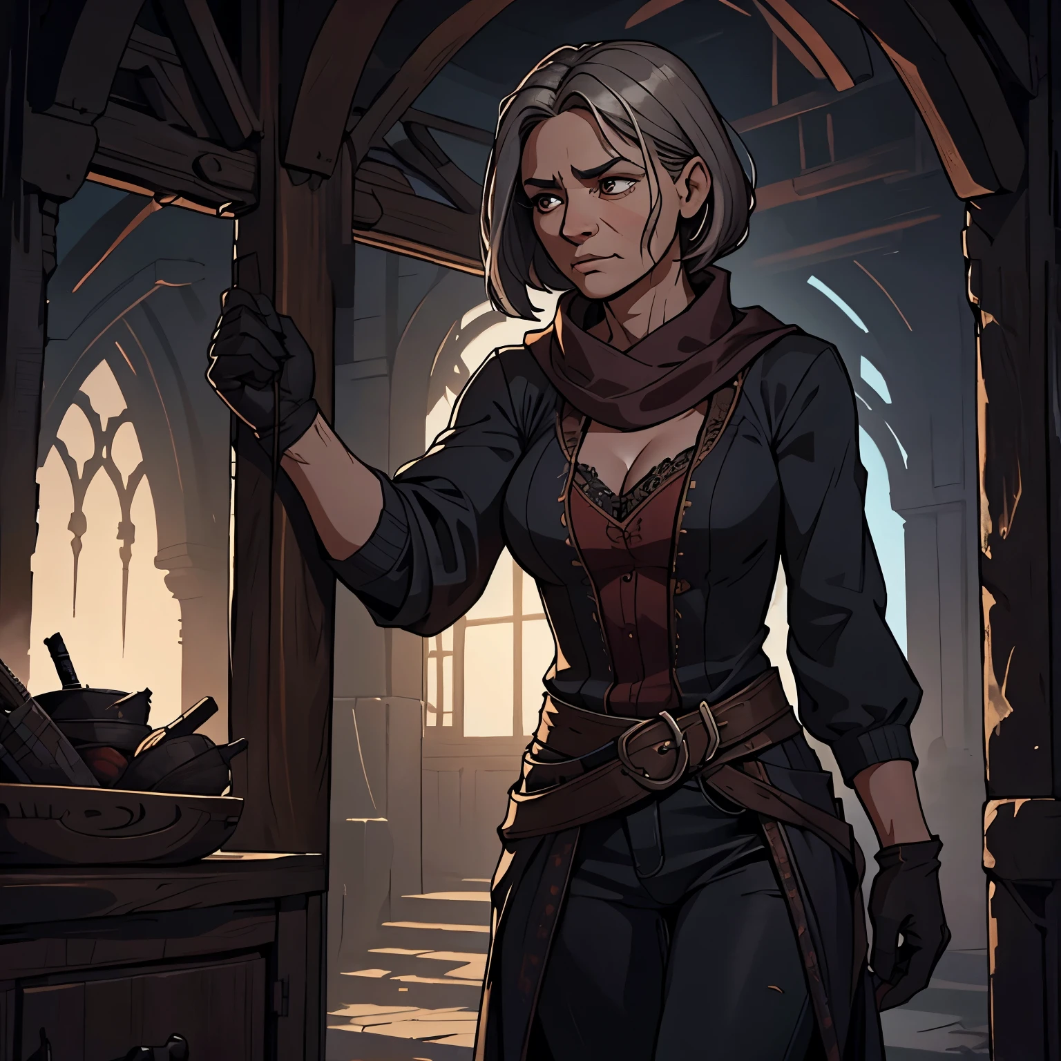 She used to be an ordinary woman , of a survivor . But her unlife has left its mark on her , making her appearance something subtly unnatural , although at first glance it might be mistaken for simple , a tired middle-aged woman . Eyes — dark brown , almost black. In low light can flicker with crimson sparks . Looking at them for too long , Seems, that they are bottomless . The skin is earthy , with unhealthy yellowness . Местами Seems, that something is moving under her . Hair — dark blond with the first glimpses of gray hair. They are thin , slightly tangled , sometimes look slightly damp . The face is thin , with sharp features , resembling a woman , who has experienced too many hardships . Under her eyes dark circles , and lips seem too pale . Figure — short , slightly stooped , but the movements are accurate and careful , like a person , accustomed to hiding . Clothes are tattered raincoats , dark scarves , glove belt, long skirts or plain pants . They dress like this , so she could easily be overlooked in the crowd . Hands — fingers long and dry , burred . Иногда Seems, that the skin on them is cracking , but then heals by itself .