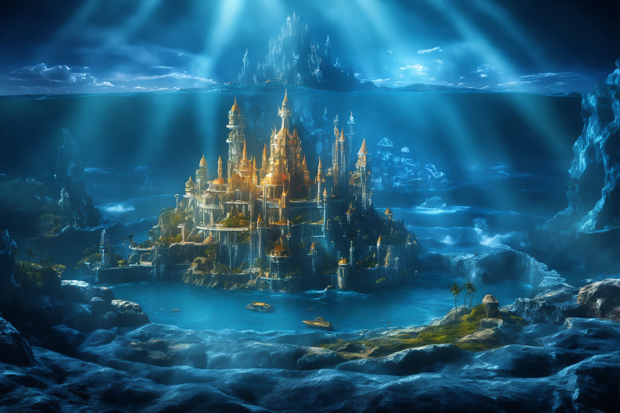 atlantis, full 3D, sharpened 3D colored edging, vivid colors, highest DPI, full occlusion, masterpiece, panorama, super detail, accurate, best quality, high-res, 4K, ultra-supreme quality, hyper-realistic detail, nanite-level atmospheric lighting, and detailed reflections, very far shot, ultra-wide angle, 4D composition, best 3D mapping quality, highest render quality, OLED, smart dynamic deep rich shadows and halftones, ultra realistic graphics, HDR, eye popping realistic 3D, correct proportions
