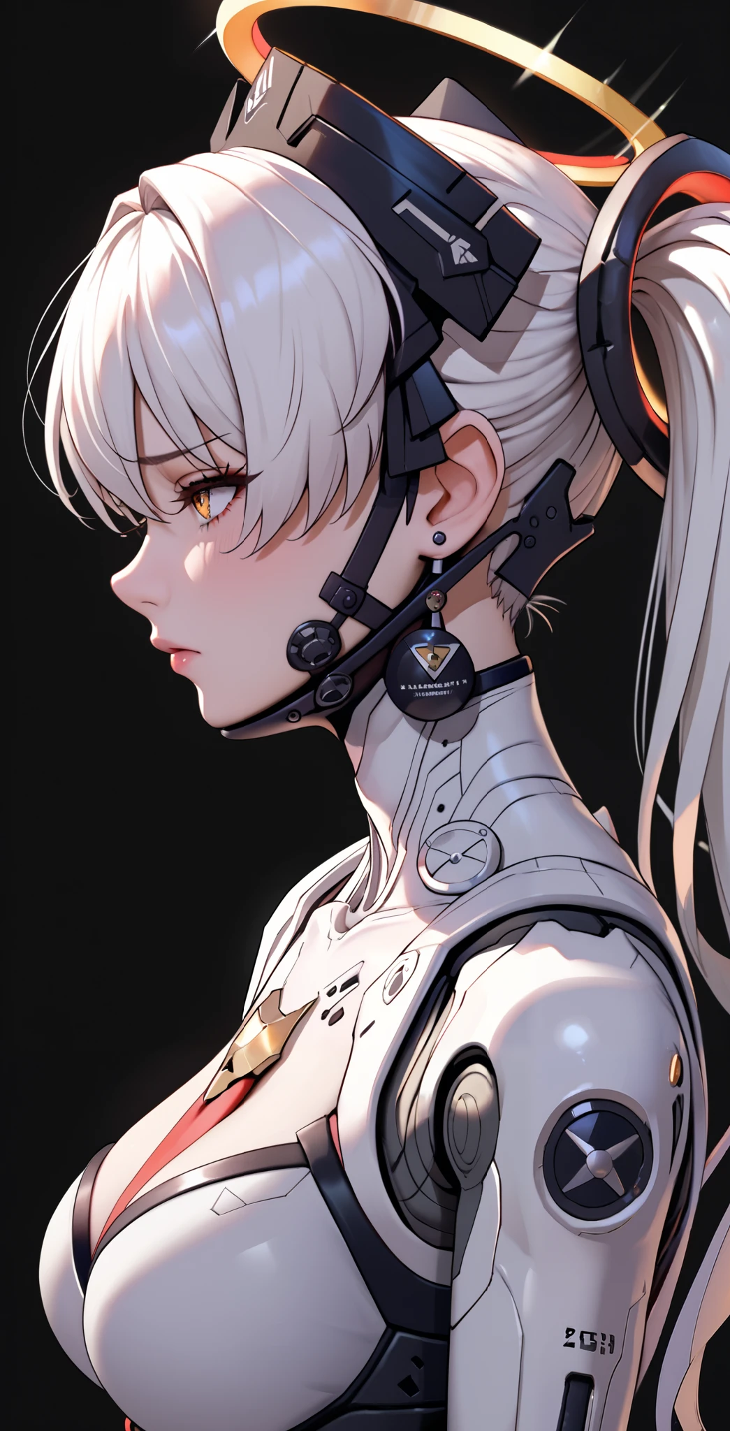 masterpiece, 1girl, Laurel, Punishing gray raven, amber eyes, Eyelashes, white hair, long hair, twintails, headgear, bodysuit, upper body, neutral, innexpressive, Shy, Sad, black background, simple background, score_9, score_8_up, score_7_up, unaestheticXL_bp5, Looking pleasured BREAK Rating_explicit, (Halo), Mechanical overhead ring, Black halo angel, Large breasts, Mechanical limbs, Mechanical vertebra attaching to back, Mechanical cervial attaching to neck, Mechanical bones, Mechanical collar bone, Mechanical shoulder blades, Black bones, Armored bra, From Side, (Short neck), Mechanical earrings