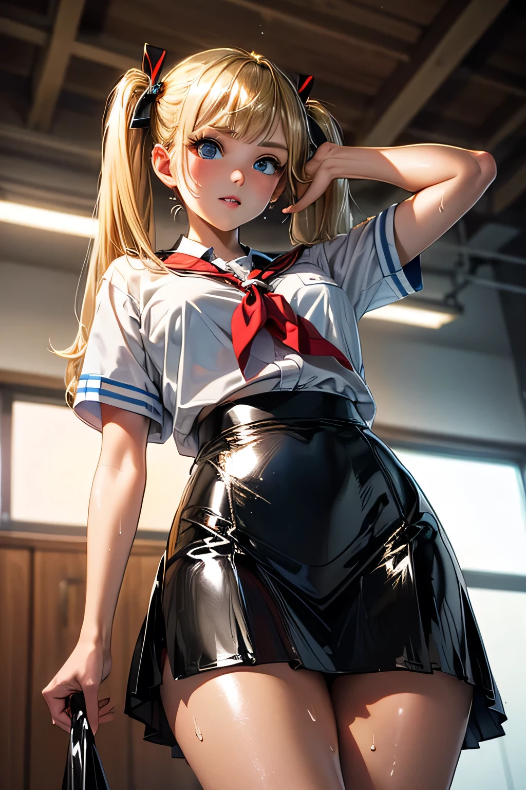 Very detailed CG Unity 8K wallpaper, Cute One lady, Mature Hair、lady ,beautiful lady, pale skin (Super masterpiece, Beautiful person, well detailed face polluted smile, Photorealistic, hyper realisitic), Perfect hands、Five fingers、Perfect hands、Perfect legs、Perfect toes、
((20year old、Sailor suit with short sleeves、Black Sports Bra、Blue short skirt、Best Bust、Bust 99、a blond、Long Hair、Blue eyes、open chest wide、Happiness、Black wristband on wrist、A slender、Shy face、earrings、all fours pose,Get closer to your audience、The gesture of pulling up the hair))、(Angry face:1.3)、
hiquality、visualart、Romance movie style、
(After-school classroom))、