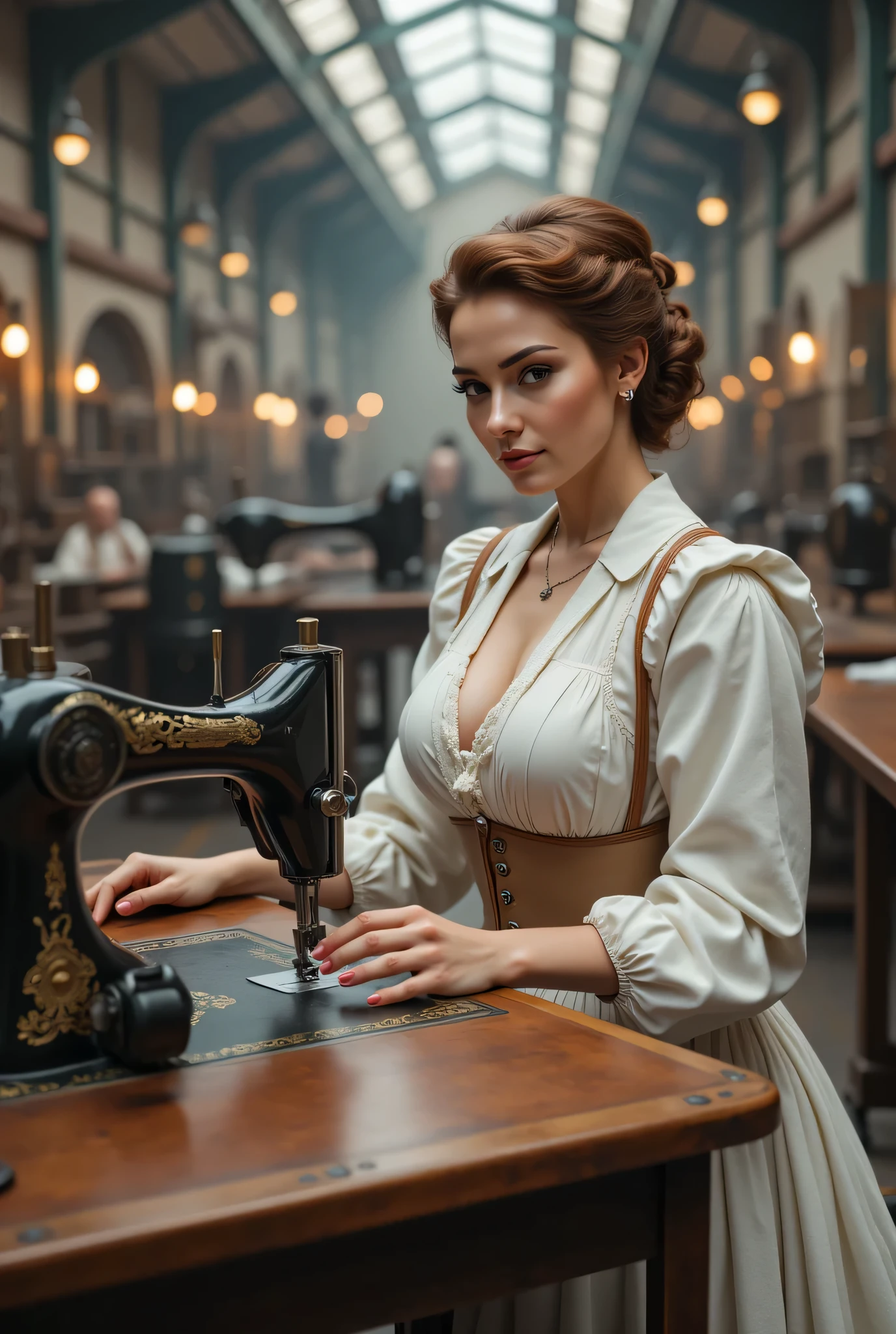 (19th century era),(far distance scenery angle), A hyper-realistic scenery image shot of a 19th century beautifully female tailor knitting cloth on a sewing machine, a tailor. The beautifully tailor is depicted in a full body angle view, showcasing her lively, lusciously vivacious, and shapely body. She is wearing a realistic 19th century long dress, working in front of intricately Sewing steam Machine, sewing a cloth. The scene includes a well-rounded female tailor, operating realistic intricately big size sewing machine on the big table in the front, and smiling. The background features industrial revolution textile factory with central leading lines, creating a sense of depth on ultra-wide angle scenery. The image has UHD ambience, with a zoomed-out perspective, realistic textures, soft lighting, and an ultra wide wide-angle. The female's hands are accurately detailed with full human finger anatomy, and her hair is shiny and lifelike. The overall style is reminiscent of Far Cry 5 game artwork, with additional details and body fixes applied. The combination of influenced of SteamPunkAi Artwork.