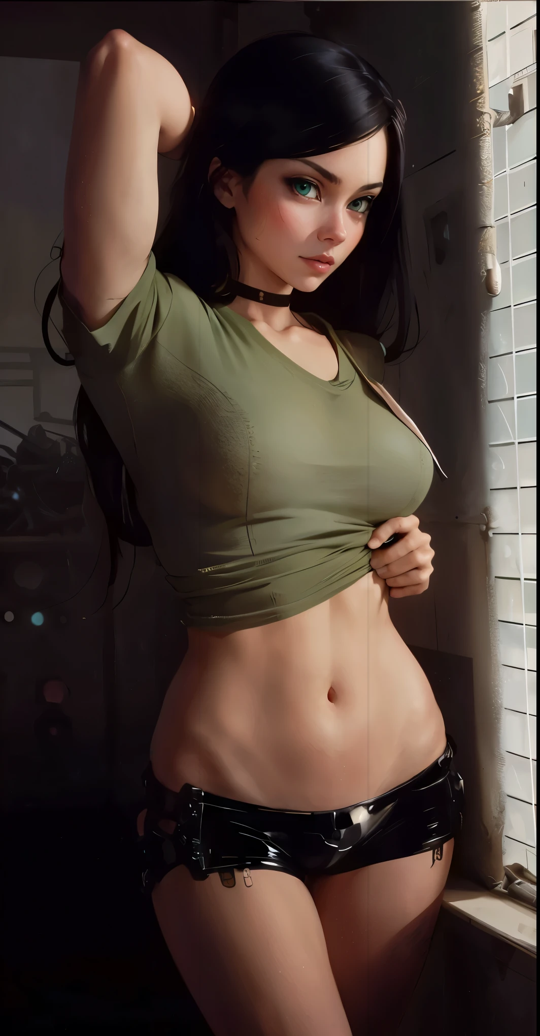 mai shiranui, military outfit, Anime girl with black hair and hair accessories, ahegao, artwork in the style of guweiz, photorealistic anime girl render, photorealistic anime, Realistic Anime, anime. gentle lighting, soft full body shot 8 k, realistic anime artstyle, 3 d anime realistic, 8k artistic nose bokeh, anime realism style, kawaii realistic portrait, Beautiful anime portraits、((camo military outfit with breasts and genitals exposed)), (((wear tight shirt raised above breasts))), Wear gothic style accessories......, completely nude, Lying on Your Back, head on the floor,Painful face,Sweat,exhausted, weak,weak face (((spread legs: 1.8)),, ((completely nude)), ((breasts and areolas exposed)), ((vagina and clitoris and vulva exposed)), Correct limbs,Perfect limbs, Lie down on the floor.. Both arms above head