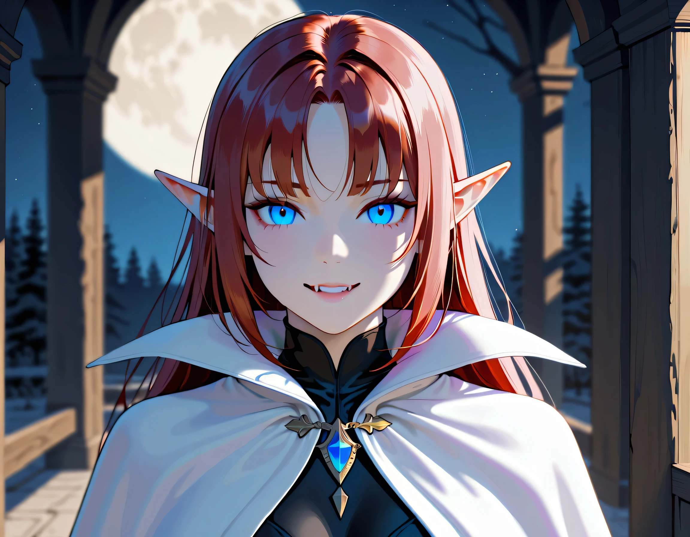 a portrait of a female elf vampire traveling on the forest road, an exquisite beautiful female elf (ultra details, Masterpiece, best quality), red hair, small pointed ears, pale skin, long hair, blue eyes, smirking, wearing dark black silk dress, intricate dress, dress (ultra details, Masterpiece, best quality), white cloak, in dark fantasy forest at night, dark trees, the moon is high in the sky, best anatomy, high details, best quality, 16k, [ultra detailed], masterpiece, best quality, (extremely detailed), close up, ultra wide shot, photorealistic, RAW, fantasy art, dnd art, fantasy art, realistic art,((best quality)), ((masterpiece)), (detailed), perfect face, RAW, dark fantasy art, anime, NRART, fangs style, Cinematic Shot