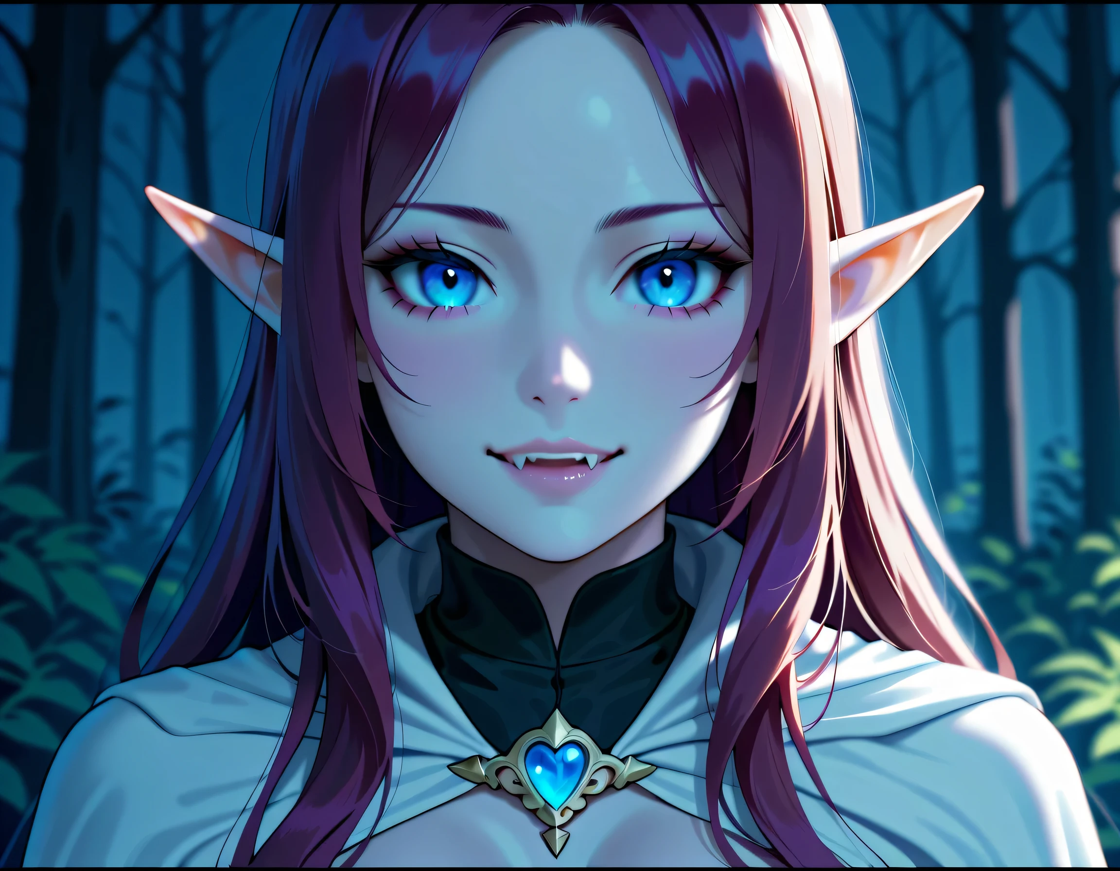a portrait of a female elf vampire traveling on the forest road, an exquisite beautiful female elf (ultra details, Masterpiece, best quality), red hair, small pointed ears, pale skin, long hair, blue eyes, smirking, wearing dark black silk dress, intricate dress, dress (ultra details, Masterpiece, best quality), white cloak, in dark fantasy forest at night, dark trees, the moon is high in the sky, best anatomy, high details, best quality, 16k, [ultra detailed], masterpiece, best quality, (extremely detailed), close up, ultra wide shot, photorealistic, RAW, fantasy art, dnd art, fantasy art, realistic art,((best quality)), ((masterpiece)), (detailed), perfect face, RAW, dark fantasy art, anime, NRART, fangs style, Cinematic Shot