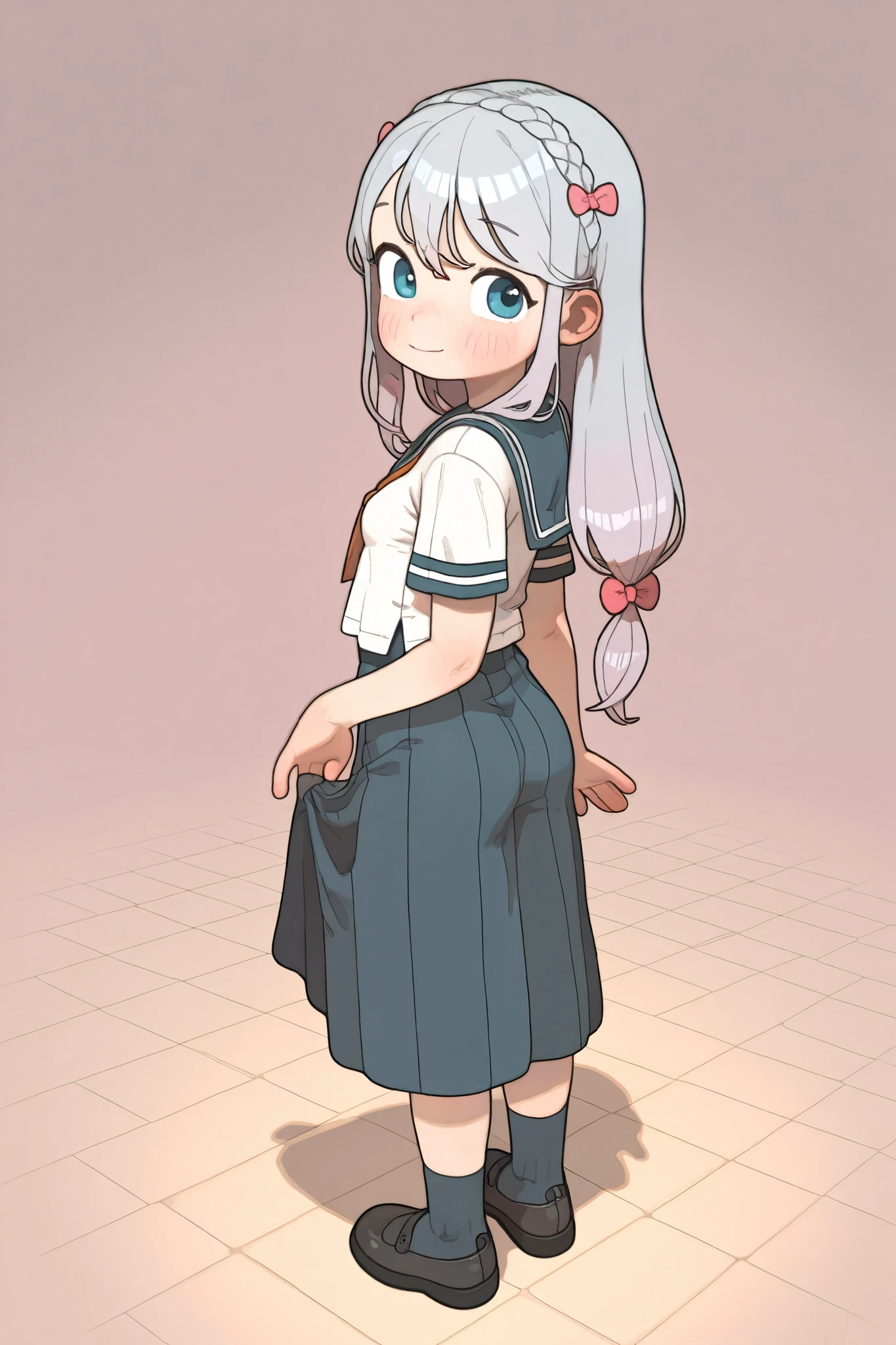 1 , alone, masterpiece, best quality, high resolution icon , highly detailed, Sagiri izumi, thin breast , Well good, soft smile, Blush, sailor , Pull the clothes with one hand, looking back,opossumachine, full body