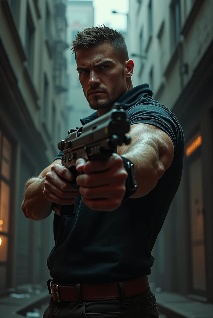 Generate a low angle detailed visual of a man see downward with a modeling look.He has short hair and is pointing a gun with his right hand directly at the camera.But the poster shows the man in low angle frame. From bottom to top angle.There is a bleeding wound on his left hand, around which a cloth is wrapped.The wound on the left hand is wrapped with a cloth, tightened and bitten with the mouth.He has a flexible and slim body and is shirtless. The image should be dramatic and intense, with a focus on the man's expression and posture.Action Movie poster.low angle PIC