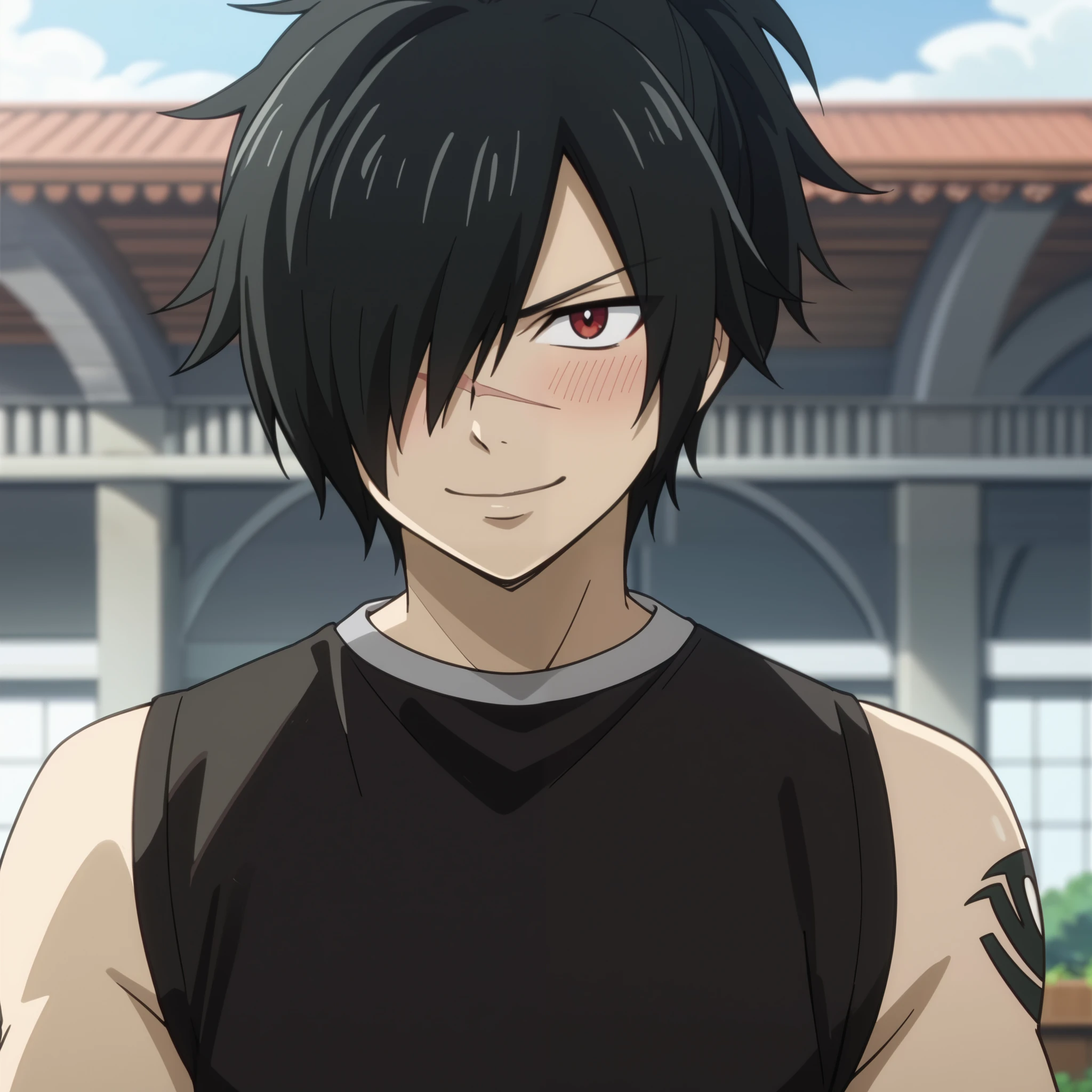 score_9, score_8_up, score_7_up, intricate details, anime screencap, depth of field, 1boy, solo, male focus, rogue_cheney, ponytail, black hair, red eyes,, hair over one eye, scar, ((black men's shorts, sleeveless t-shirt, closed mouth smile, blush)) in aquatic park, detailed face, front view, Frontal portrait, close-up, looking at viewer, sky background with soft shadows, soft blue lighting highlighting his features, high-quality anime details, vivid colors, official style