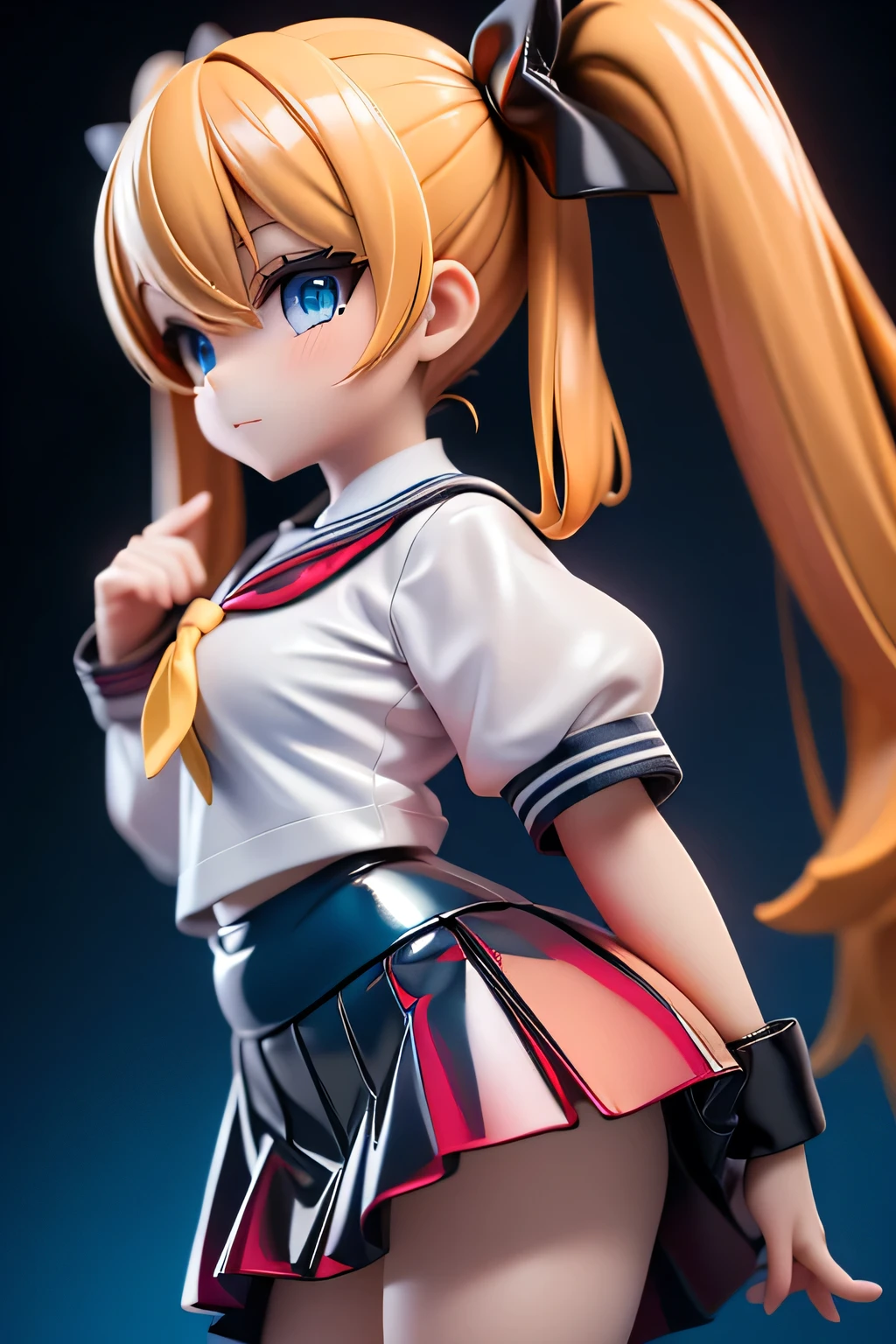 masterpiece, best quality, highly detailed, ultra high res, realistic, smile, 1girl, solo, hair ornament, blonde hair, ponytail, glossy lips, full lips, sleeveless idol dress, very puffy skirt, flared skirt, thigh highs, heeled boots, full body, cleavage, wearing red backpack, (backpack:1.2), outdoor, standing, nendoroid, PVC models 