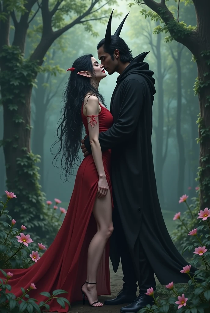 a woman with long black hair, with a red cape, with a long, deep neckline on display and a man in dark clothing kissing passionately on the dark, shadowy forest floor, in total darkness, he went down and kissed her body revealing her skin, your legs are showing