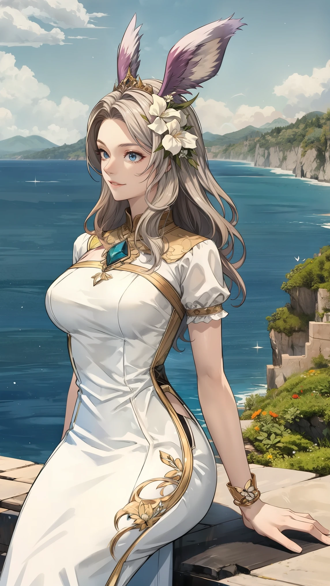 ((masterpiece, Highest quality)), (((masterpiece, Highest_quality, highest quality))), ( perfect detail, perfect skin:1.2),( high resolution), originals, highly detailed 8K wallpaper ,( so delicate and beautiful), Incredible _ is ridiculous, Intricate Details, clear_ images,Very complex,( detailed skin:1.3) , Highest quality:1.2, high definition, Intricate Detailss, Detailed, Beautiful Details , high detailed skin, ((Glossy Skin)), shiny skin while masturbating, ( white skin:1.3), (青 white skin:1.3),( natural light, ray tracing, volumetric light), (top quality), ( golden ratio face , Perfectly Balanced Face , Perfectly beautiful:1.3), Depiction of a face expressed down to the smallest detail, Detailed Eyes 、Detailed faces、Hair drawn down to the smallest detail , ( diffused light reflecting on the face :1.3), (Equal Faces ), (Peers have proportional bodies, wonderful body with good proportions :1.3), Parted lips, (( anthro penetrated )), ( perfect anatomy , Correct limbs, Correct finger), (( staring at the viewer , Line of sight)),((Line of sight)), 1 girl, Outdoors, Alone, flower, blue eyes, long hair, staring at the viewer , long dress ï¼hat, ocean , dress , sitting, white flower , null, bug, Hatsuhana , day, bangs, butterfly, water, Long Sleeve , blue null, rock, cloud, orange dress , blonde hair , horizon , orange headdress, hair ornament, Closed Mouth, smile, hair flower, Short sleeve, side view, bird, scenery, mountainous horizon , red hat , white dress