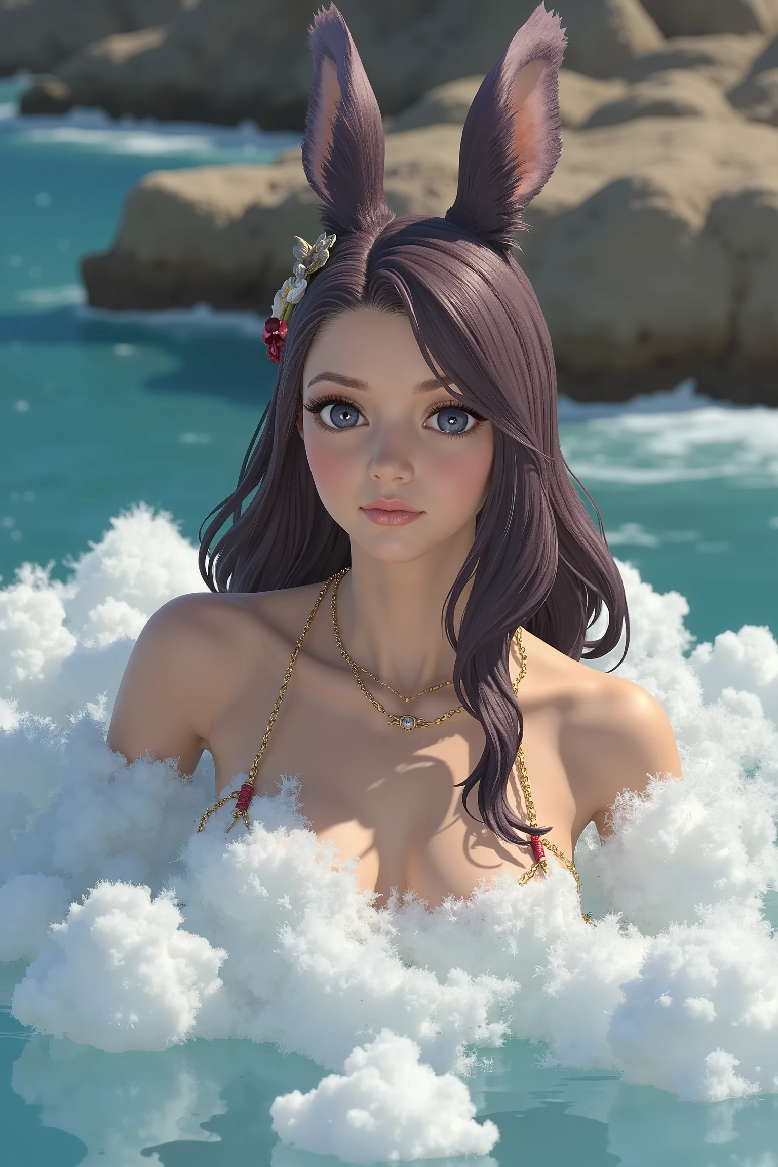 draw a beautiful Viera female manga , Hair, Woman with bangs, the hair is gathered in a ponytail. blue eyes. Elle prend un Bubble bath. she is relaxed . Bubble bath. bubbles are overflowing out of the bathtub . arms are placed on the edge of the bathtub .
