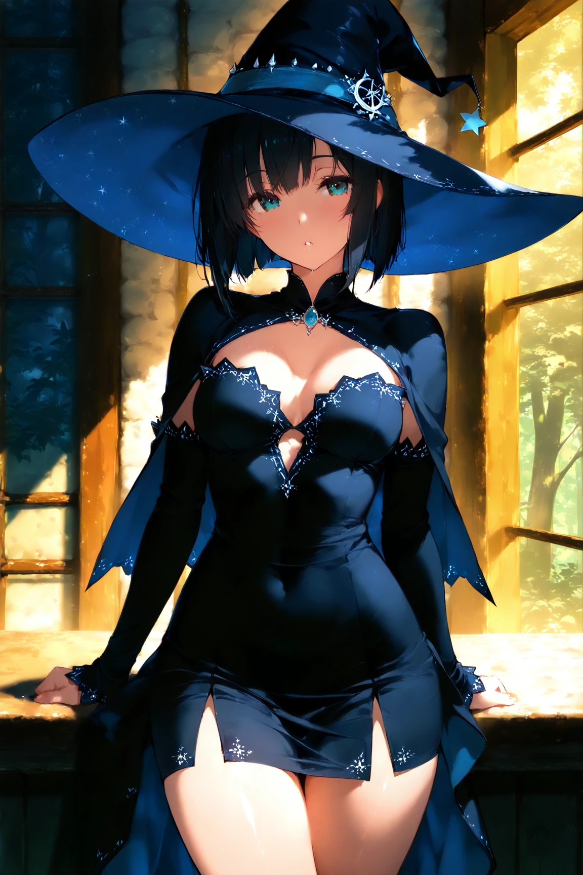 beautiful, (masterpiece:1.2), (best quality:1.2), (pastel colors), (surreal art), ((oil painting)), perfect eyes, perfect face, perfect lighting, 1girl, bare shoulders, black dress, black gloves, black headwear, black lips, blue hair, covered eyes, dress, elbow gloves, fingerless gloves, gloves, grin, hand on headwear, hat, lipstick, makeup, multicolored hair, night, night sky, rain, short hair, sitting, sky, smile, solo, strapless, strapless dress, thighs, tree, witch, witch hat, <lora:Kuvshinov LoRA:1>